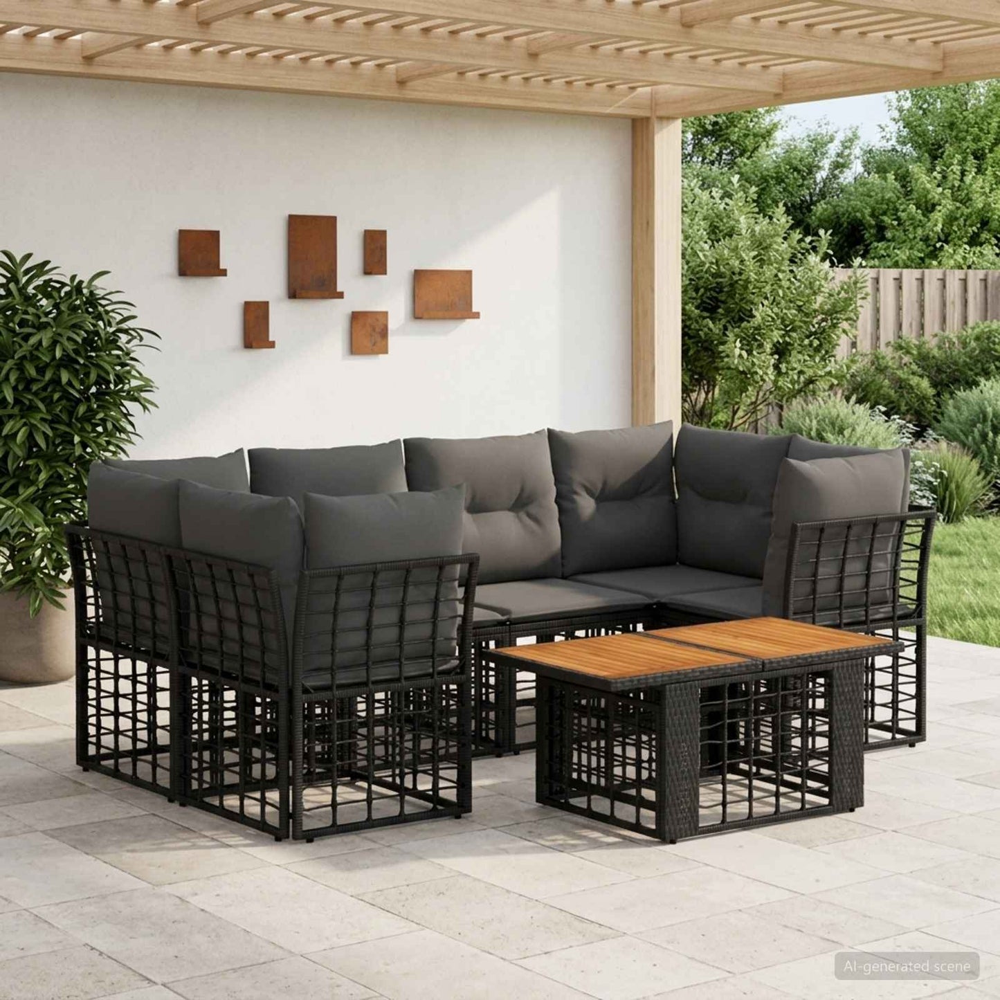 Gartensofa-set 7 stk. Schwarz und Dunkelgrau Poly-Rattan