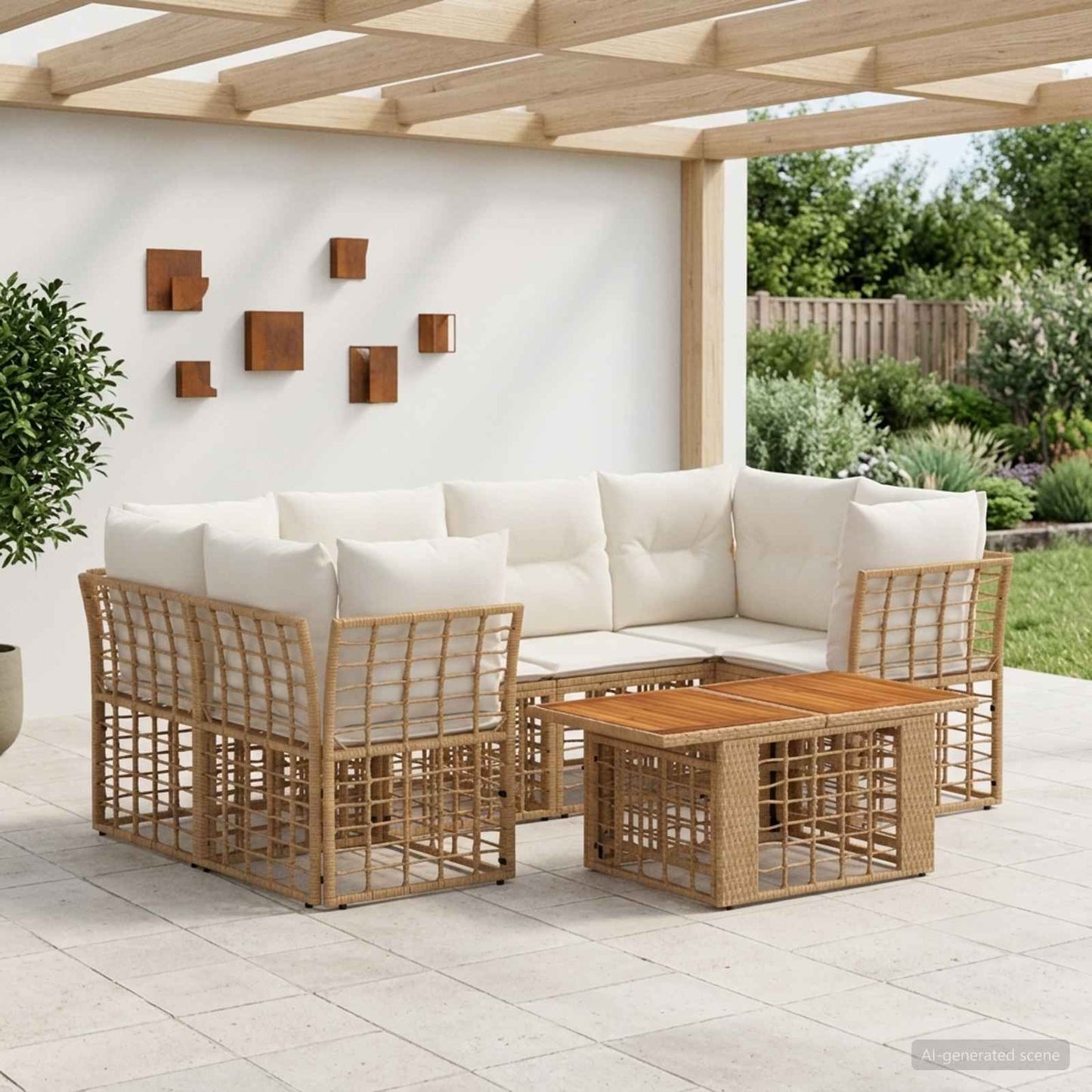 Gartensofa-set 7 stk. Natürlich und Cremweiß Poly-Rattan