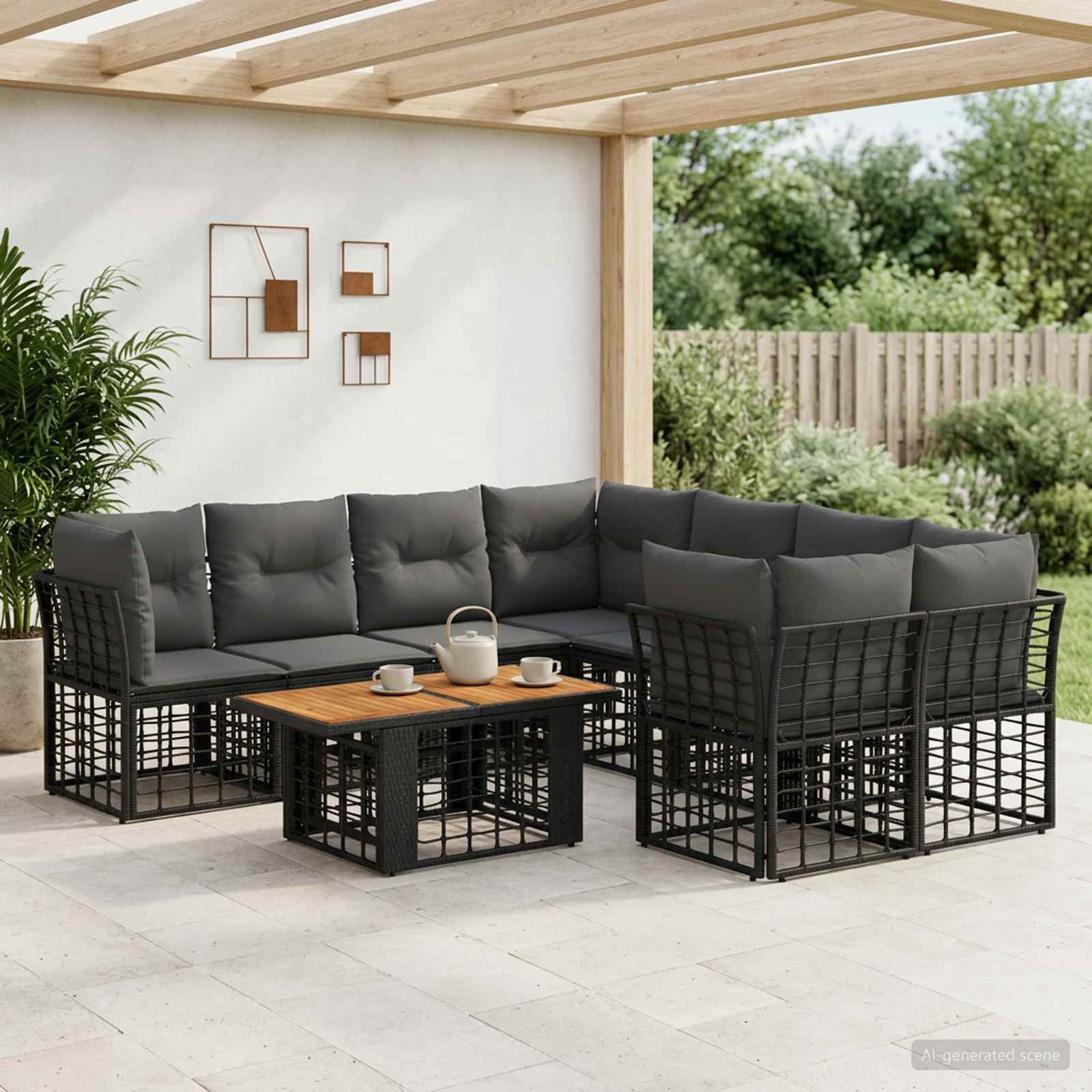 Gartensofa-set 9 stk. Schwarz und Dunkelgrau Poly-Rattan