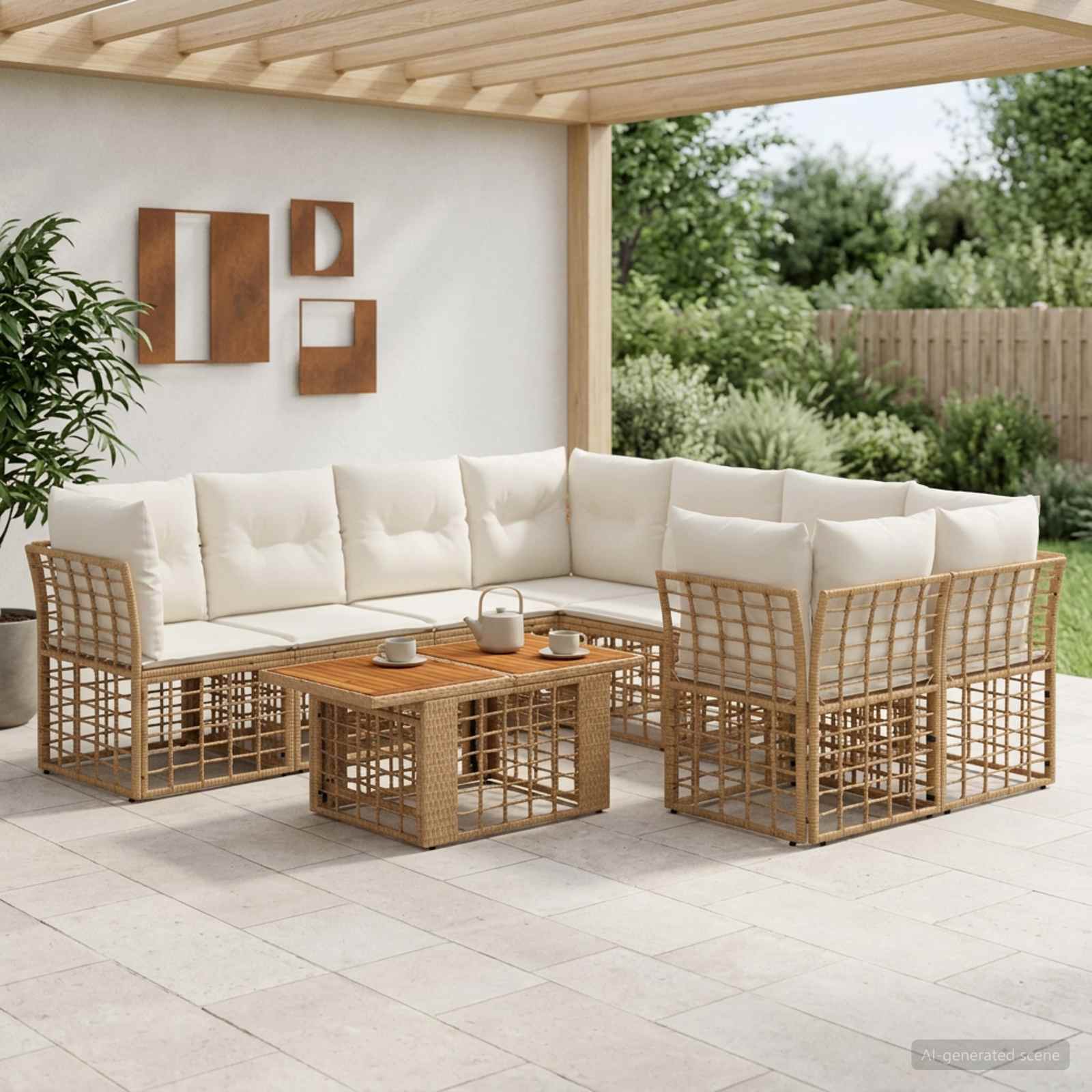 Gartensofa-set 9 stk. Natürlich und Cremweiß Poly-Rattan