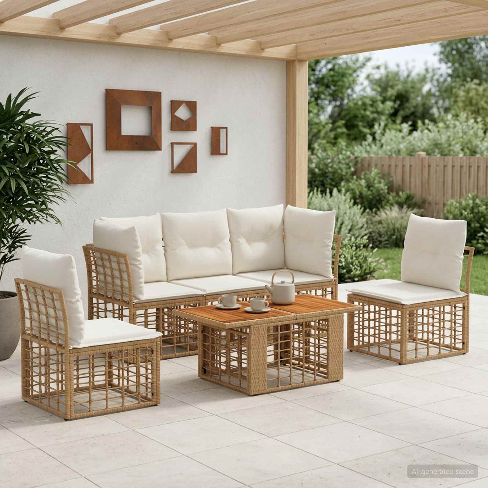 Gartensofa-set 6 stk. Natürlich und Cremweiß Poly-Rattan