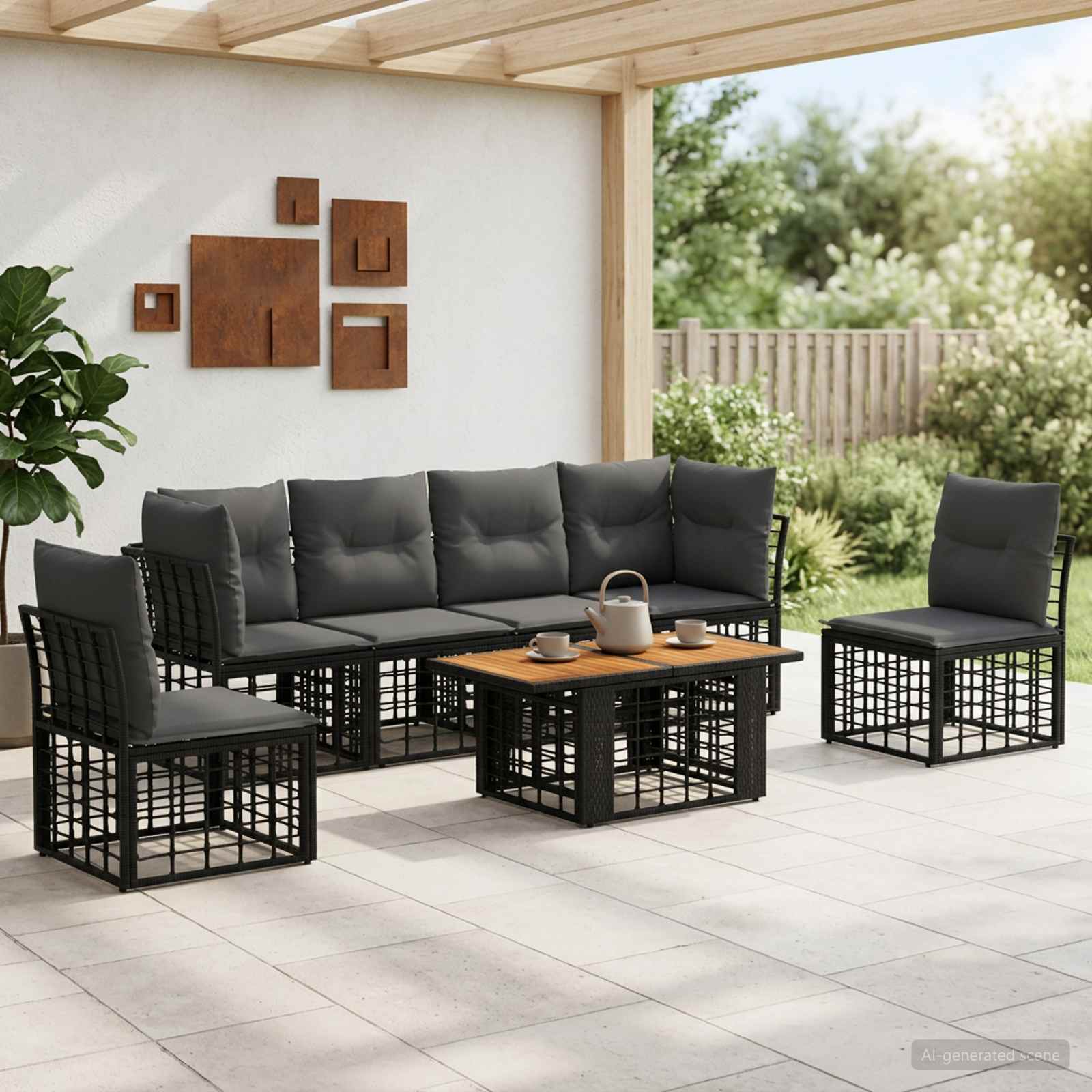 Gartensofa-set 7 stk. Schwarz und Dunkelgrau Poly-Rattan