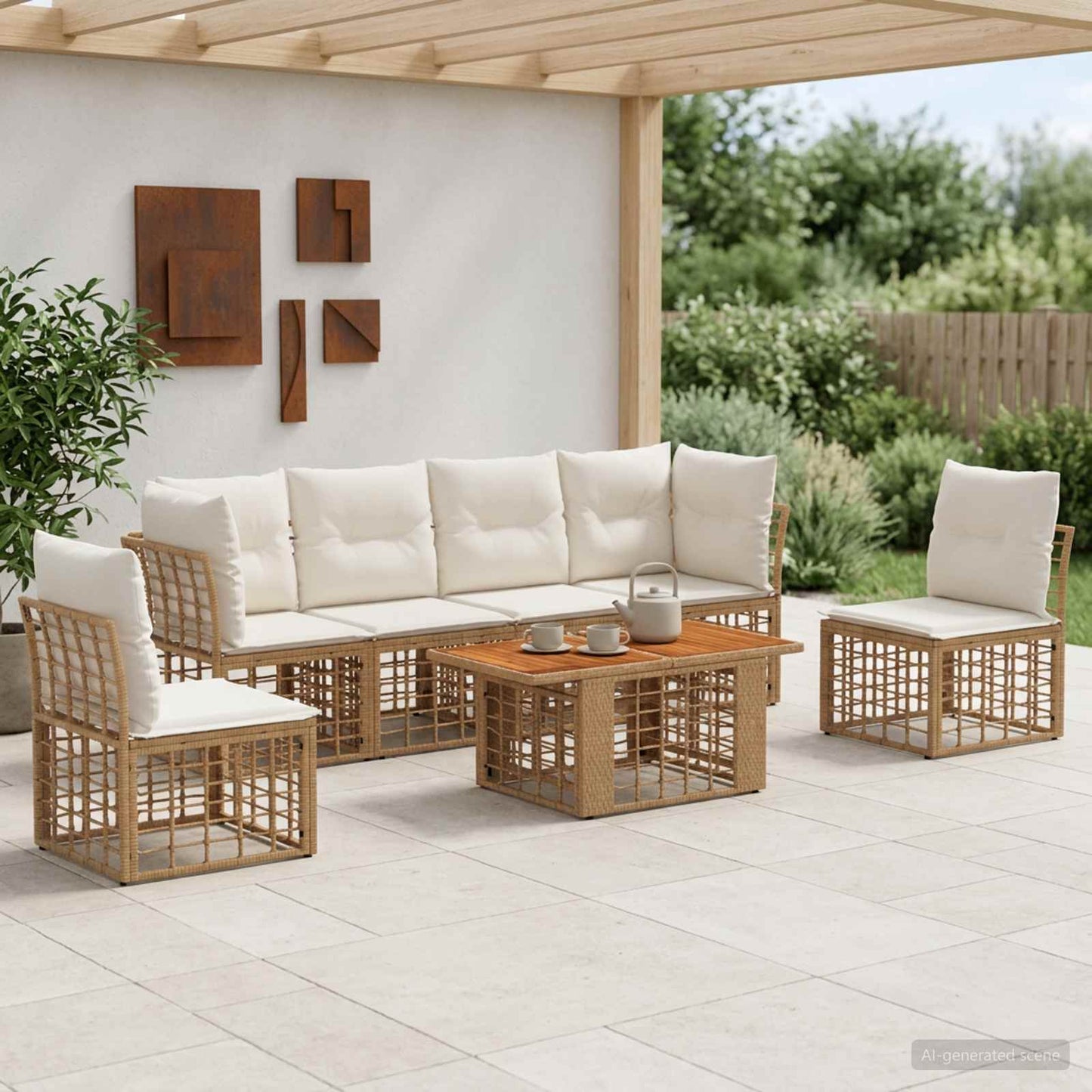 Gartensofa-set 7 stk. Natürlich und Cremweiß Poly-Rattan