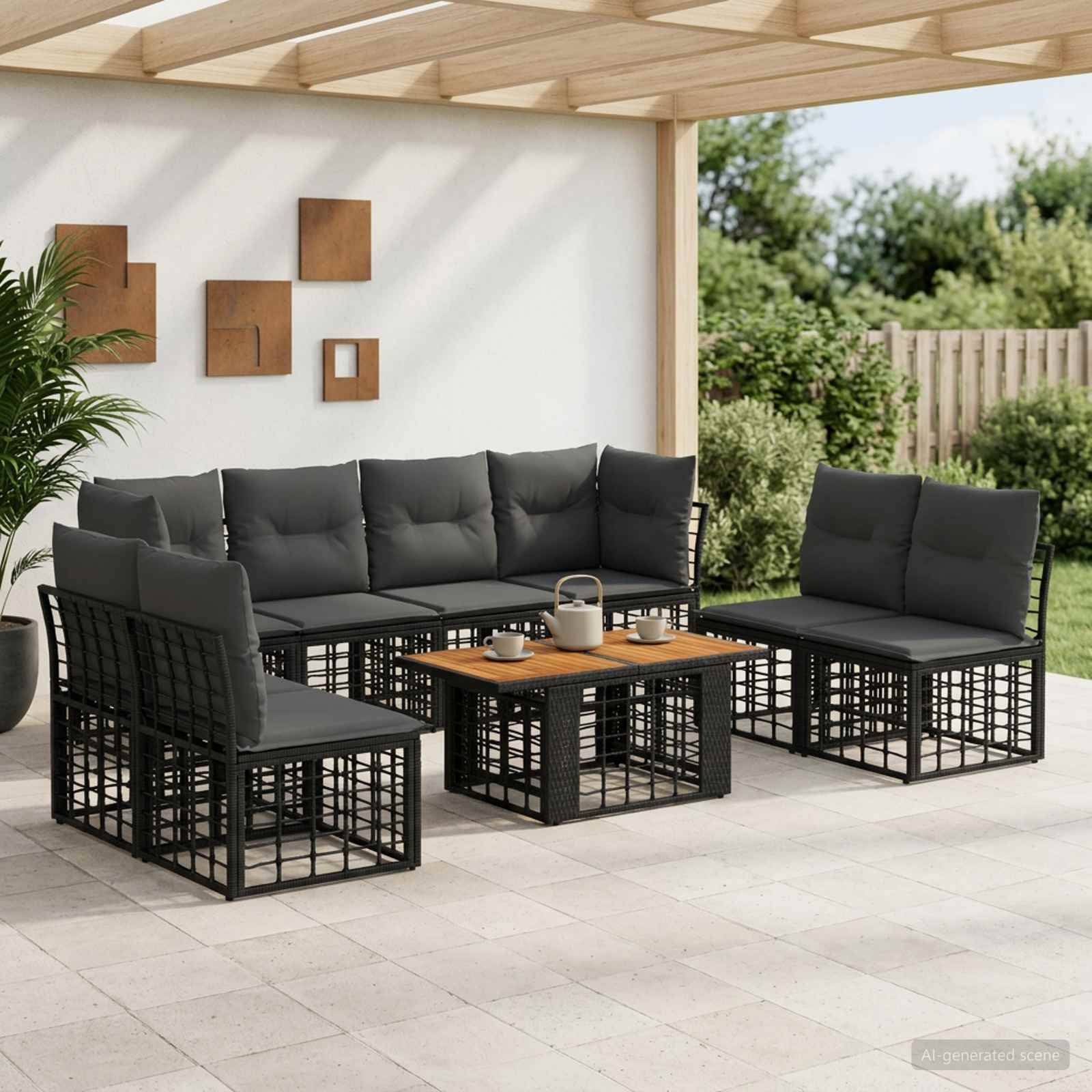 Gartensofa-set 9 stk. Schwarz und Dunkelgrau Poly-Rattan