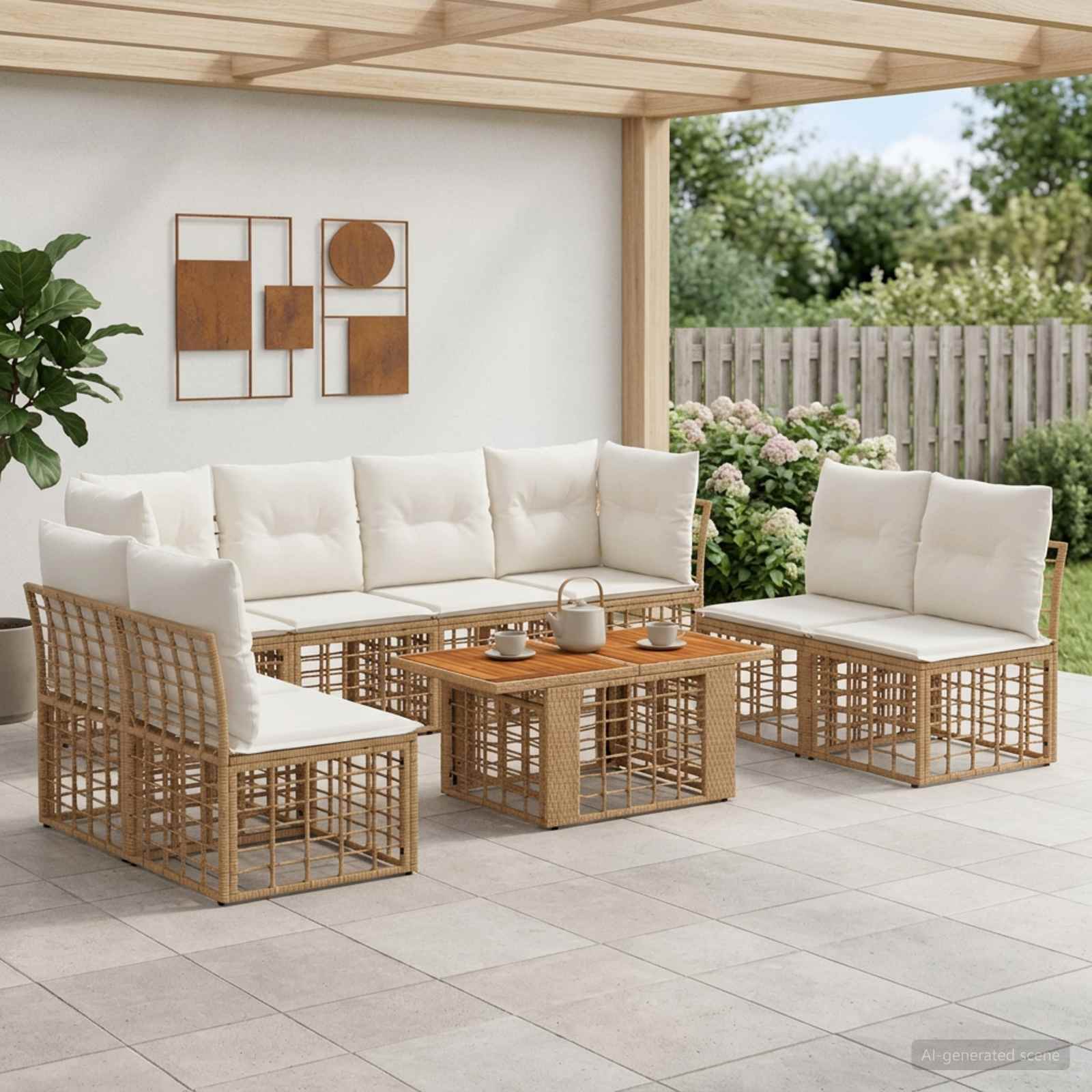 Gartensofa-set 9 stk. Natürlich und Cremweiß Poly-Rattan