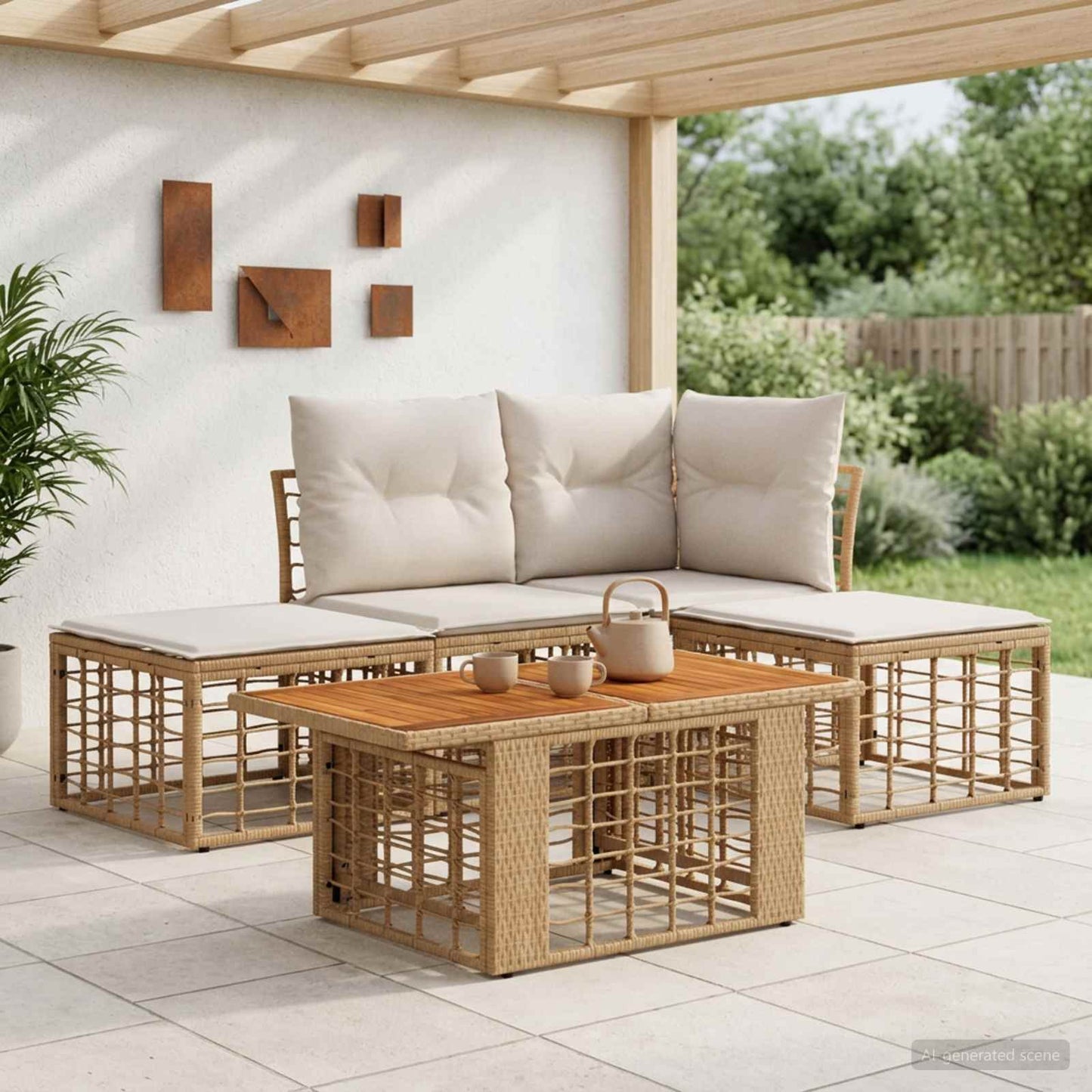 Gartensofa-set 5 stk. Natürlich und Cremweiß Poly-Rattan