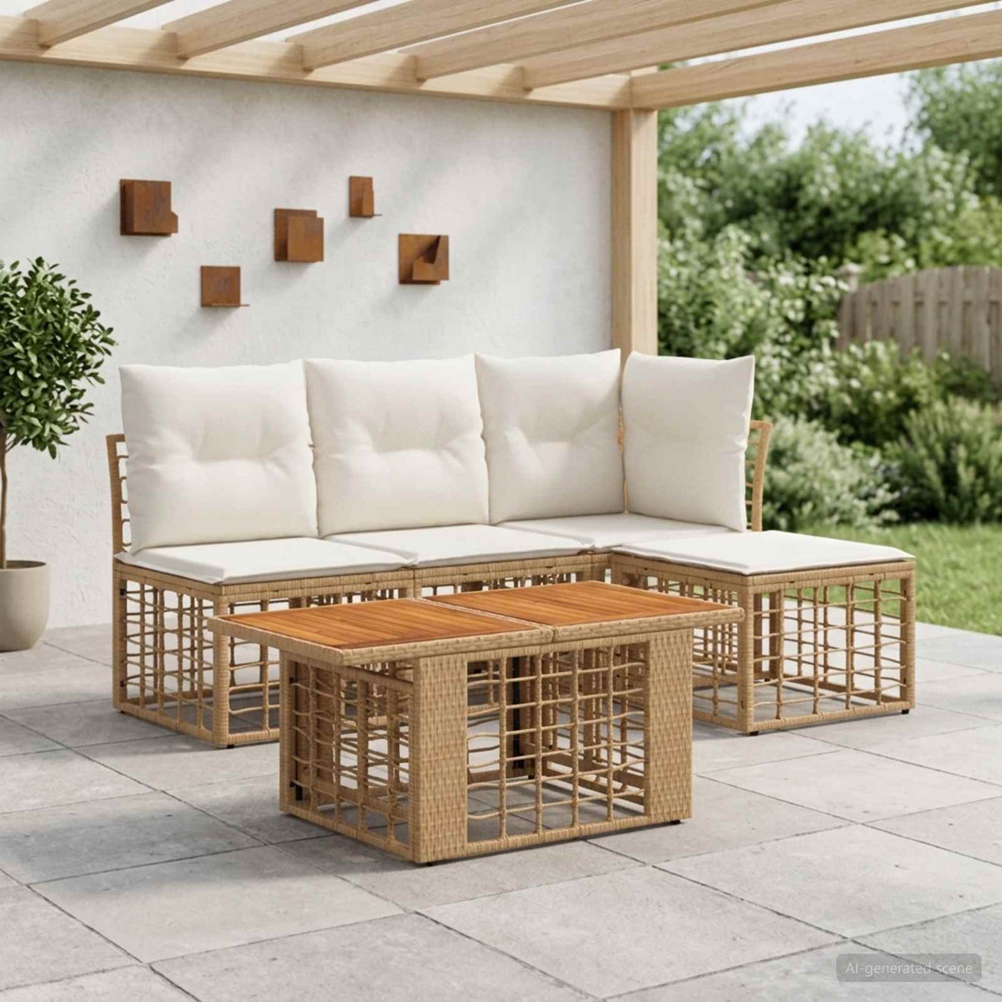 Gartensofa-set 5 stk. Natürlich und Cremweiß Poly-Rattan
