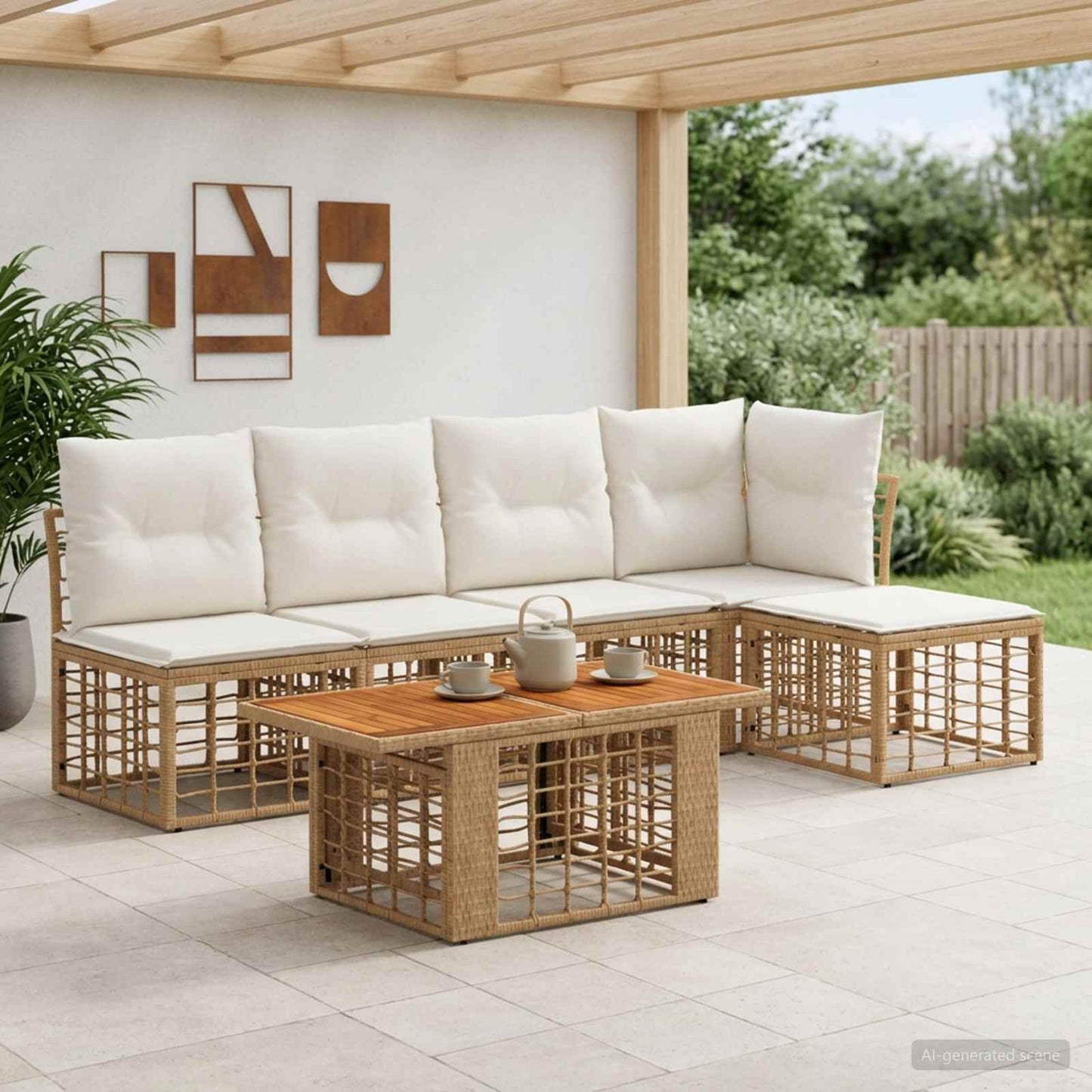 Gartensofa-set 6 stk. Natürlich und Cremweiß Poly-Rattan