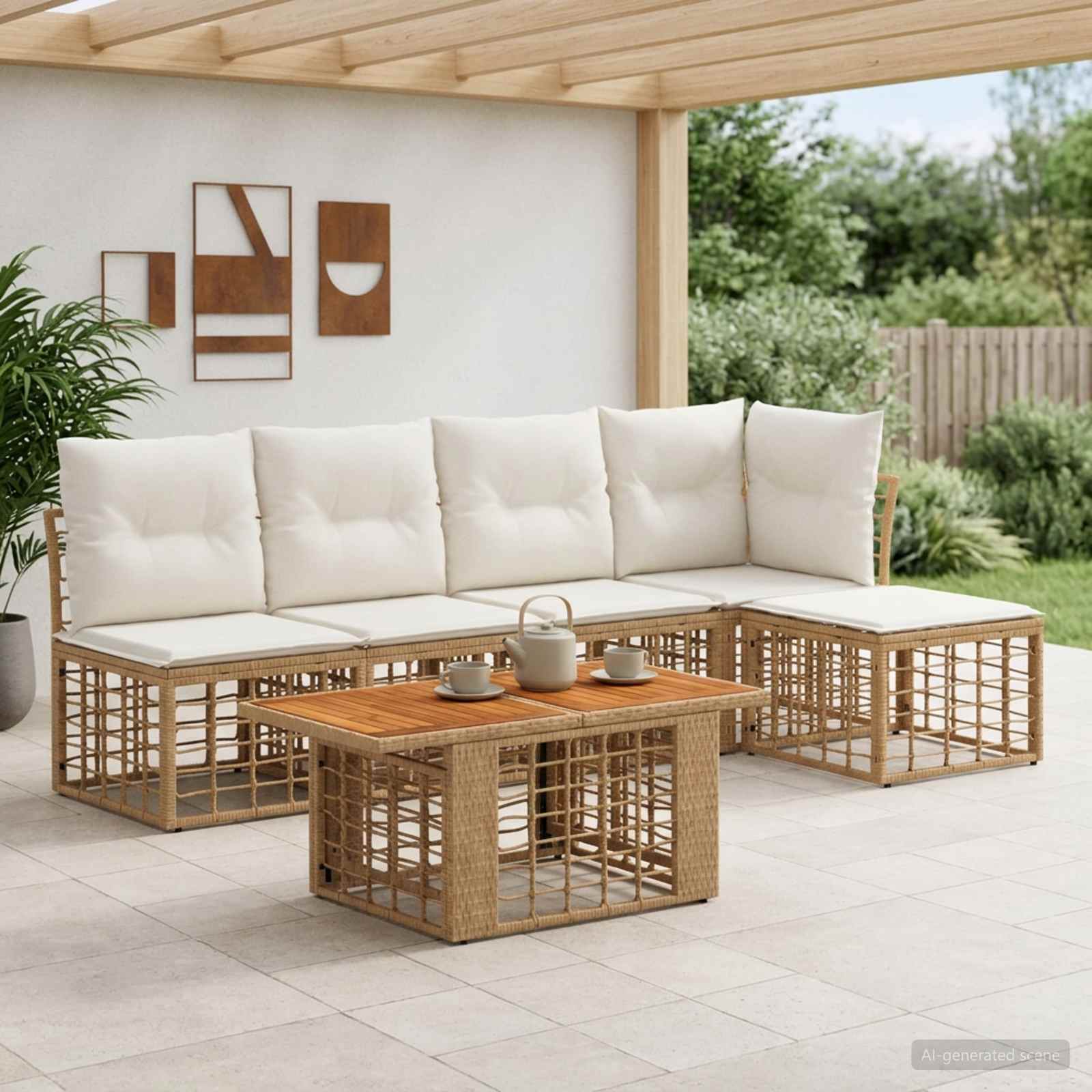 Gartensofa-set 6 stk. Natürlich und Cremweiß Poly-Rattan