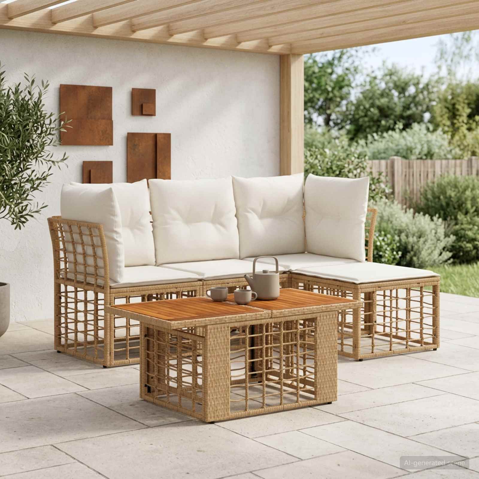 Gartensofa-set 5 stk. Natürlich und Cremweiß Poly-Rattan