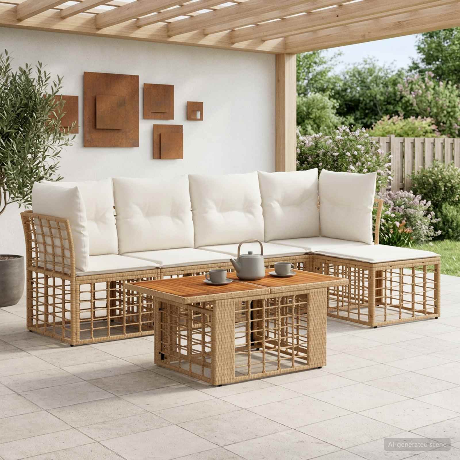 Gartensofa-set 6 stk. Natürlich und Cremweiß Poly-Rattan