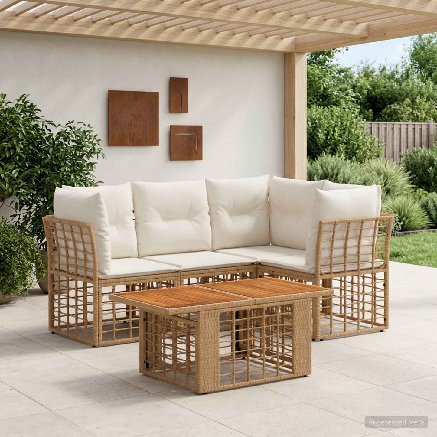 Gartensofa-set 5 stk. Natürlich und Cremweiß Poly-Rattan