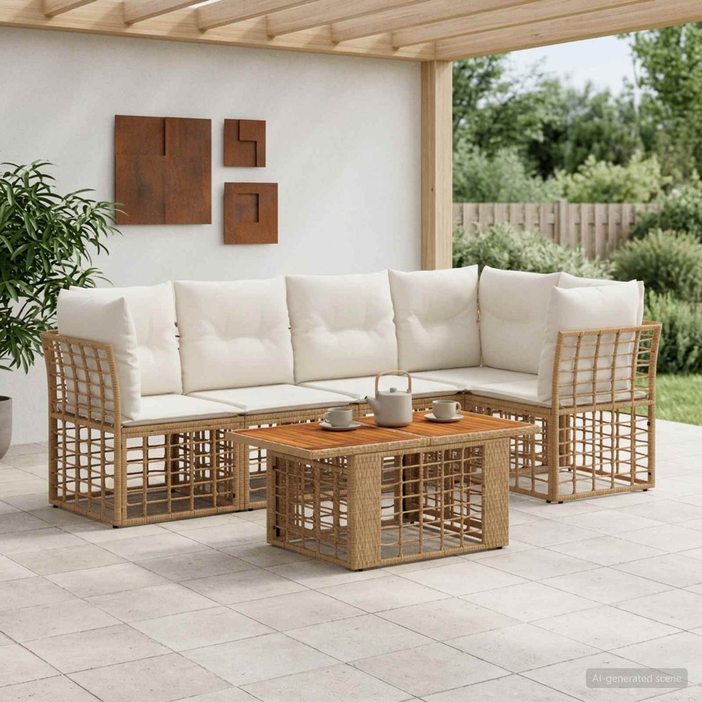 Gartensofa-set 6 stk. Natürlich und Cremweiß Poly-Rattan