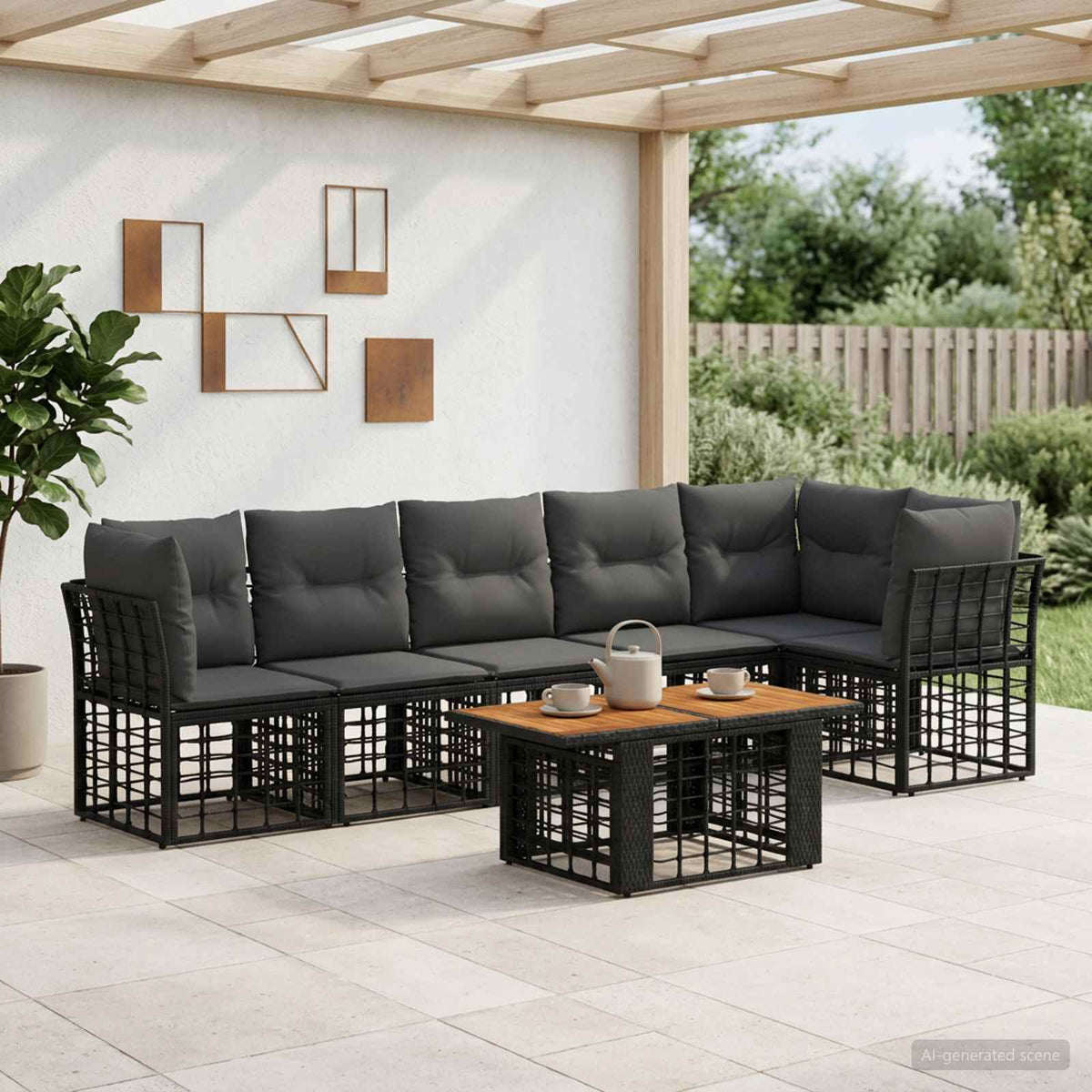 Gartensofa-set 7 stk. Schwarz und Dunkelgrau Poly-Rattan