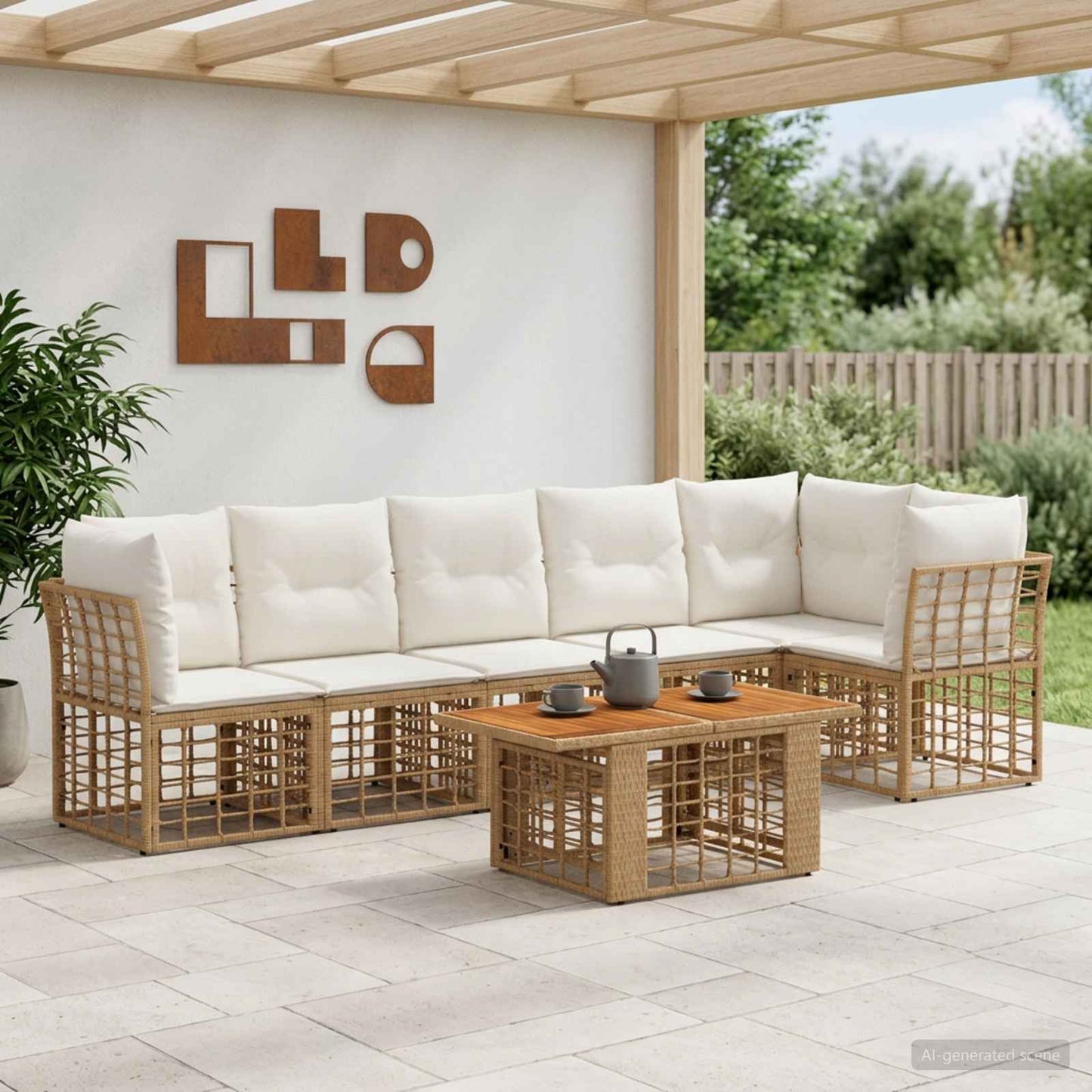 Gartensofa-set 7 stk. Natürlich und Cremweiß Poly-Rattan