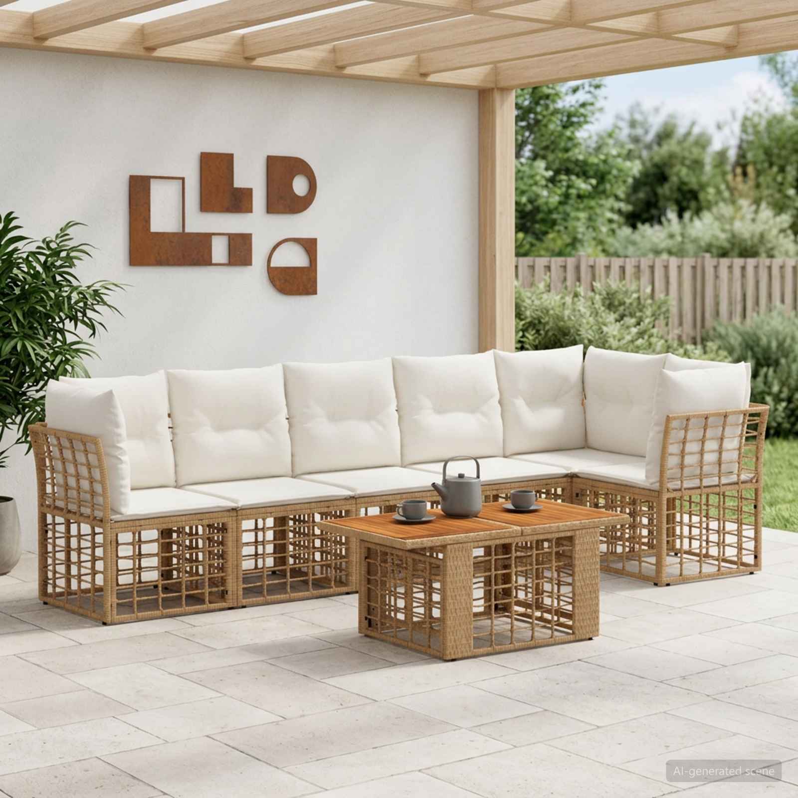 Gartensofa-set 7 stk. Natürlich und Cremweiß Poly-Rattan