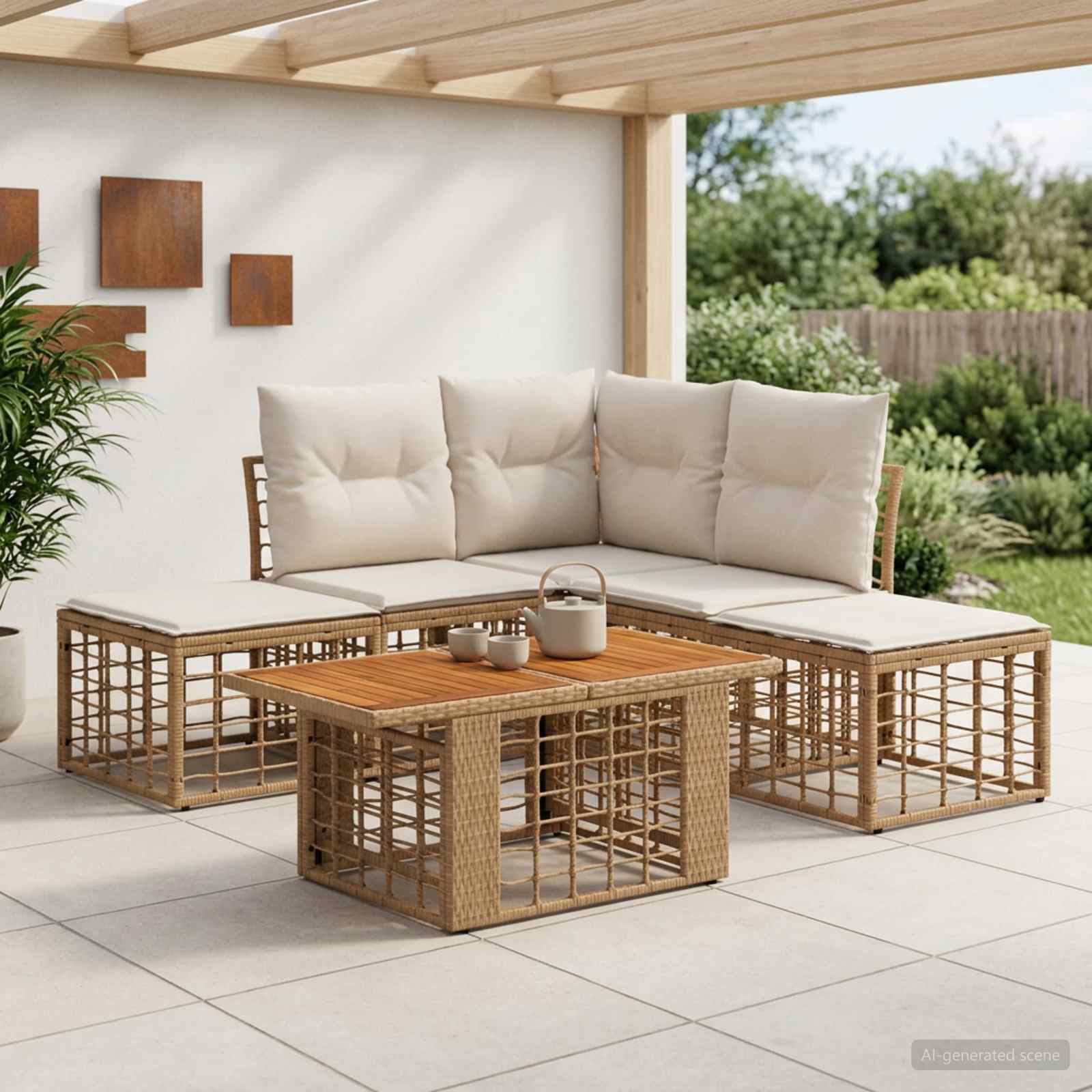 Gartensofa-set 6 stk. Natürlich und Cremweiß Poly-Rattan