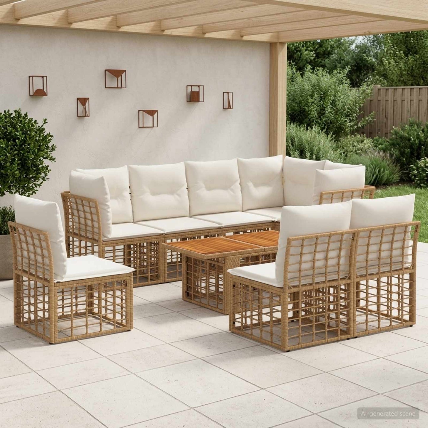 Gartensofa-set 9 stk. Natürlich und Cremweiß Poly-Rattan