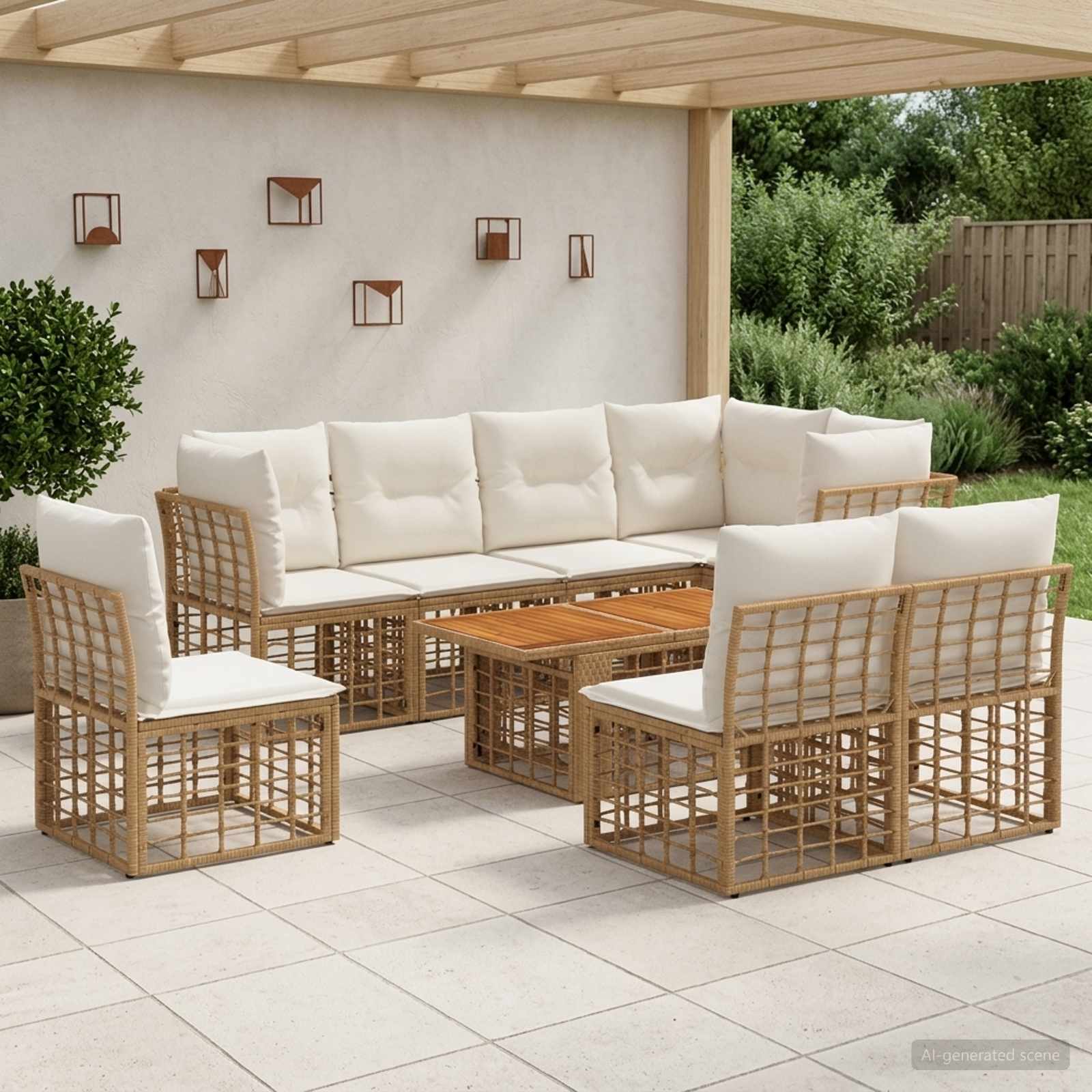 Gartensofa-set 9 stk. Natürlich und Cremweiß Poly-Rattan
