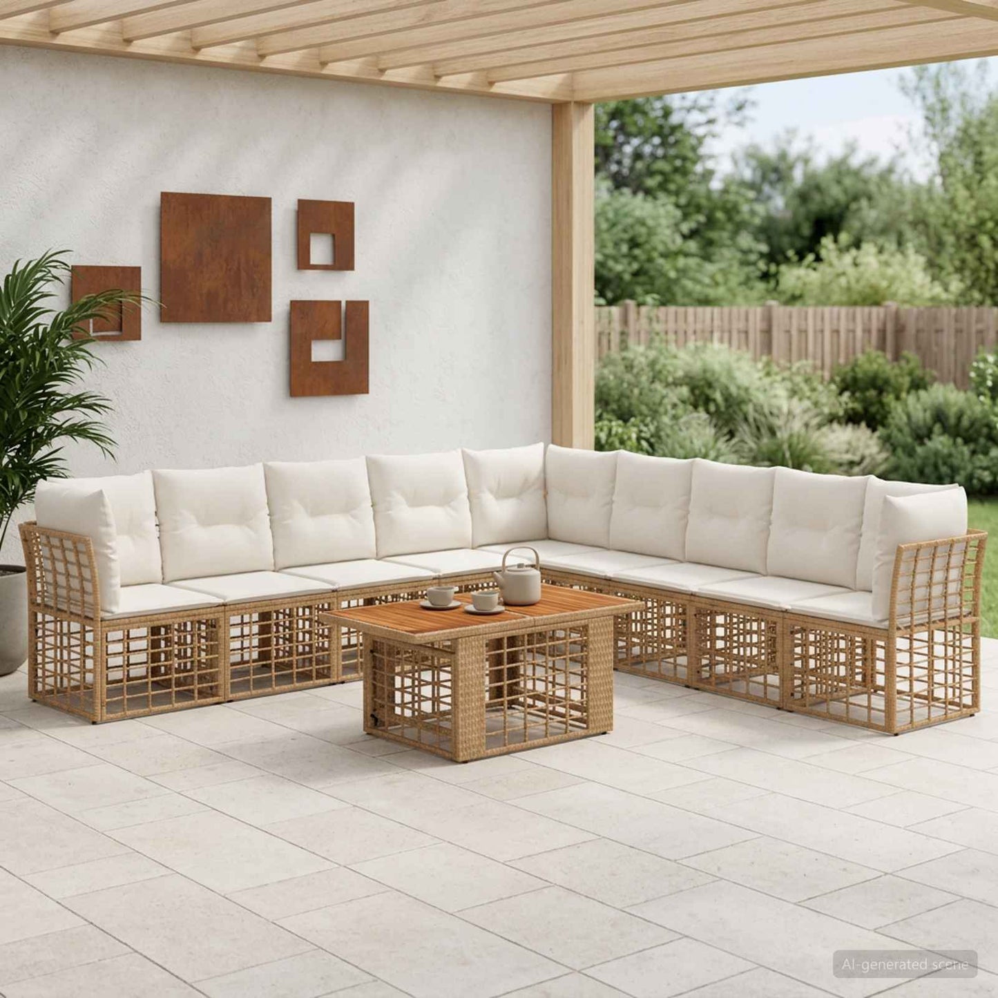 Gartensofa-set 10 stk. Natürlich und Cremweiß Poly-Rattan