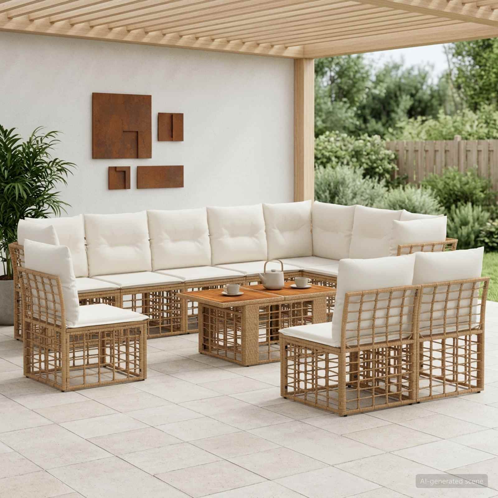 Gartensofa-set 11 stk. Natürlich und Cremweiß Poly-Rattan