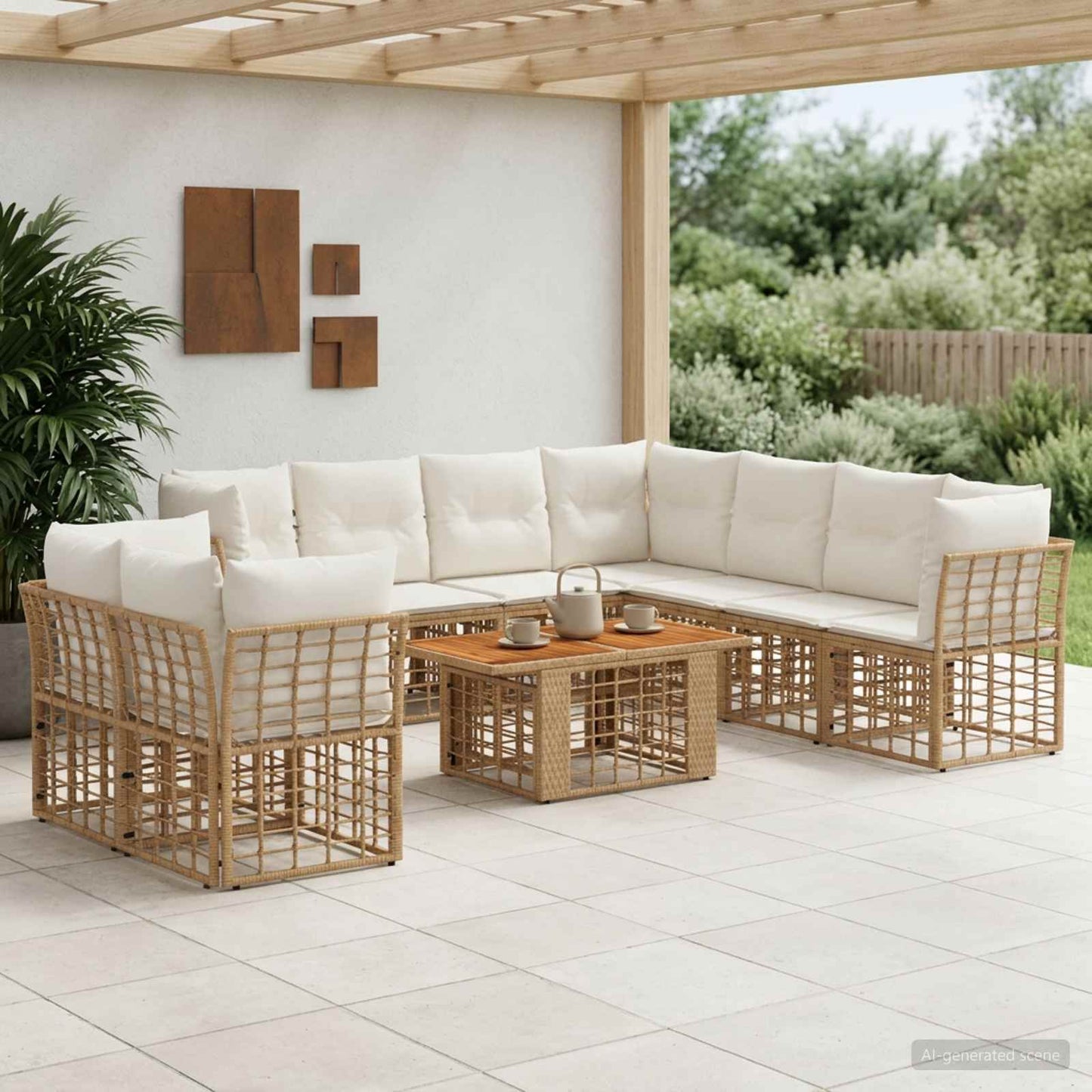 Gartensofa-set 10 stk. Natürlich und Cremweiß Poly-Rattan