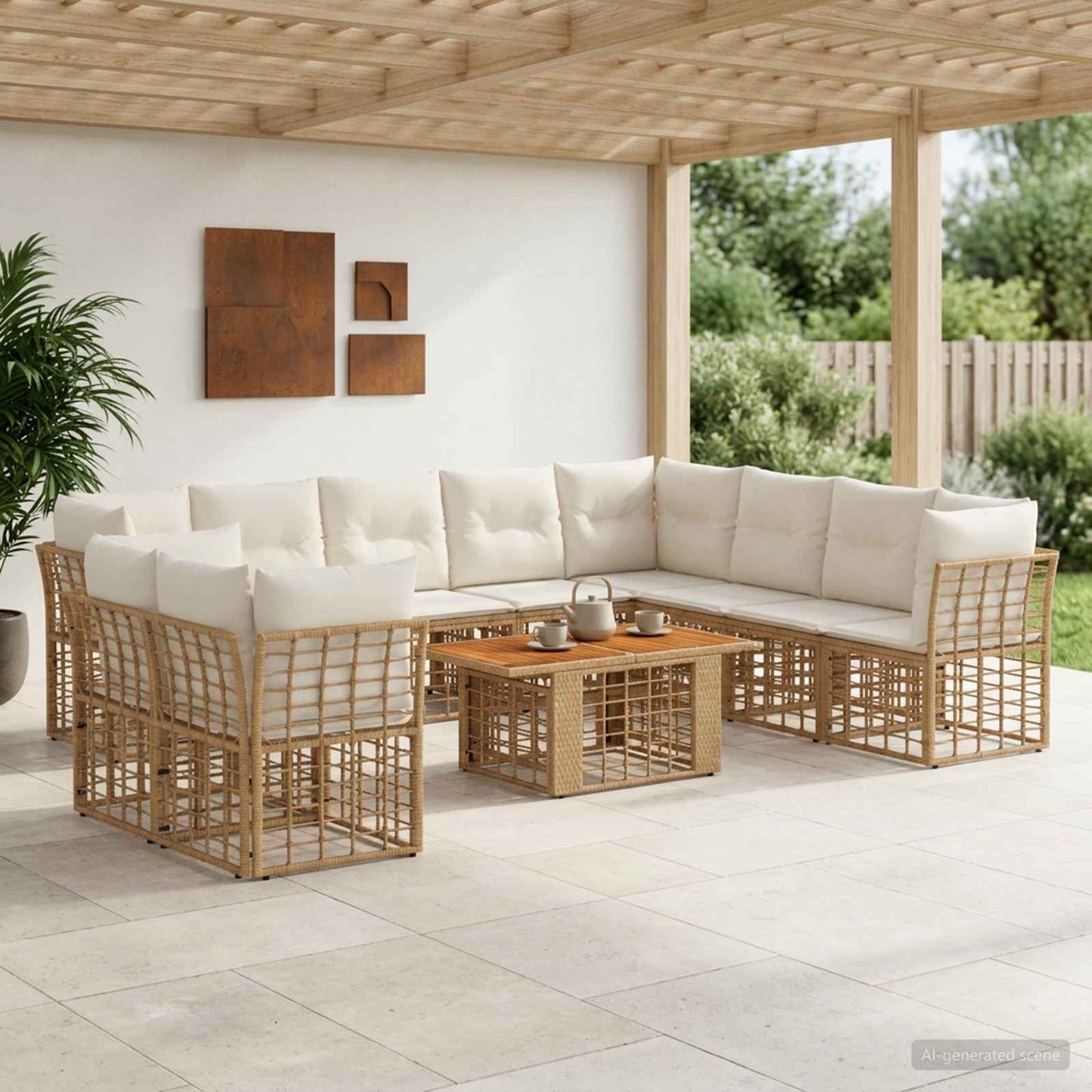 Gartensofa-set 11 stk. Natürlich und Cremweiß Poly-Rattan