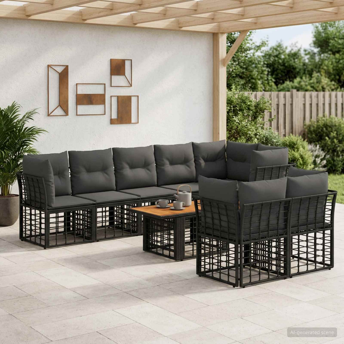 Gartensofa-set 9 stk. Schwarz und Dunkelgrau Poly-Rattan