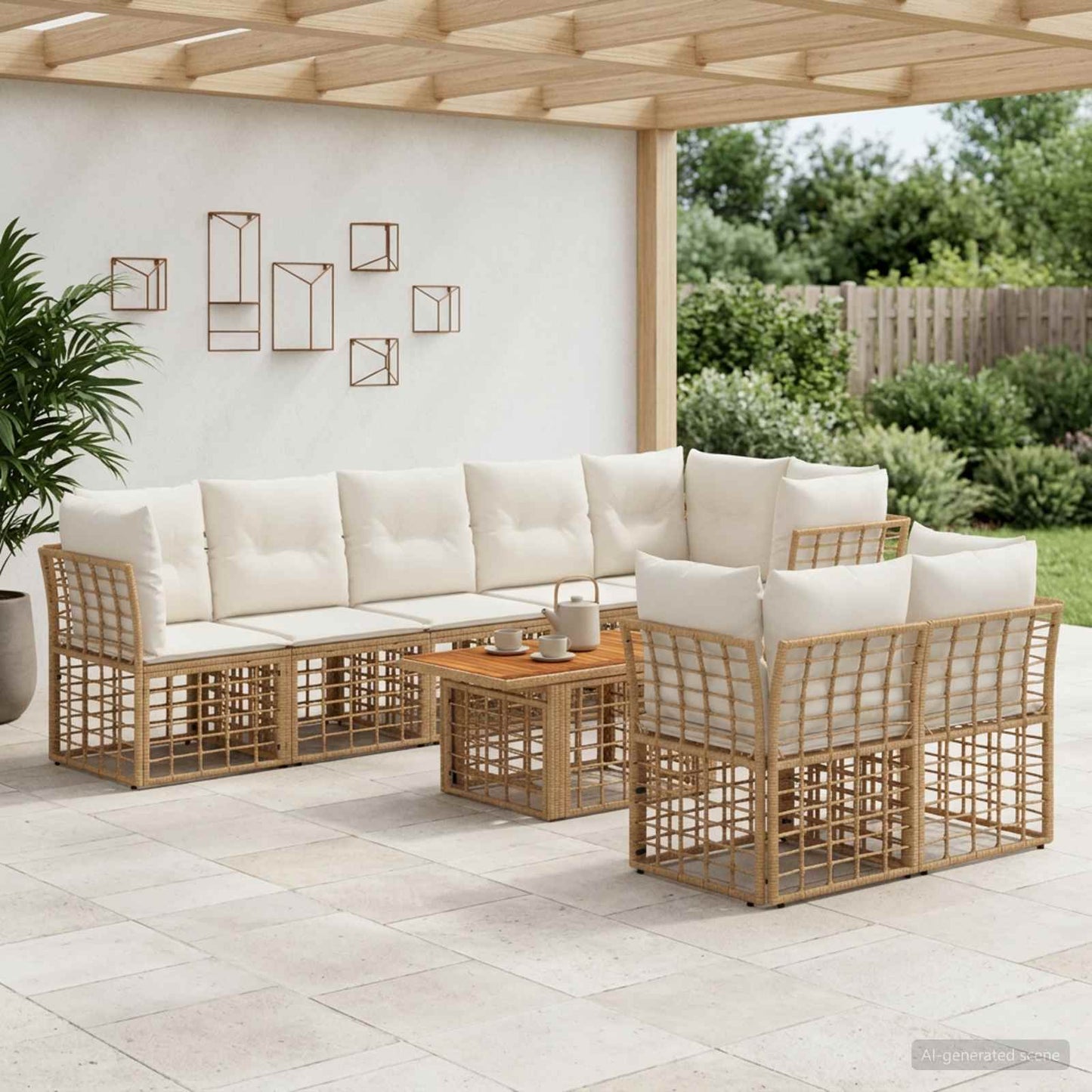 Gartensofa-set 9 stk. Natürlich und Cremweiß Poly-Rattan
