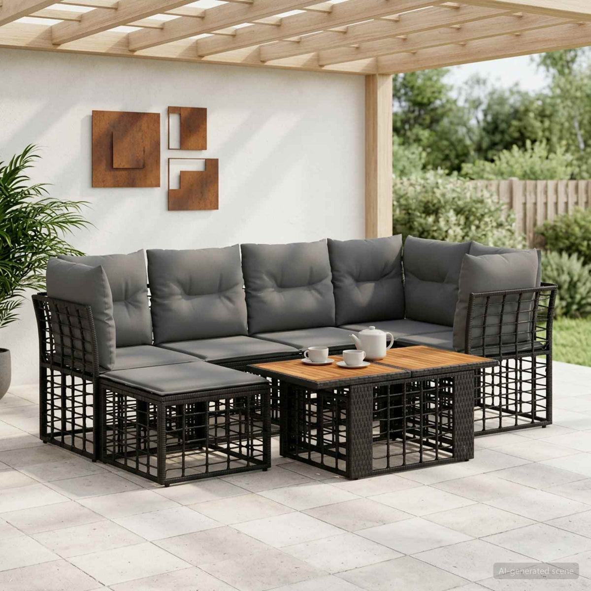 Gartensofa-set 7 stk. Schwarz und Dunkelgrau Poly-Rattan