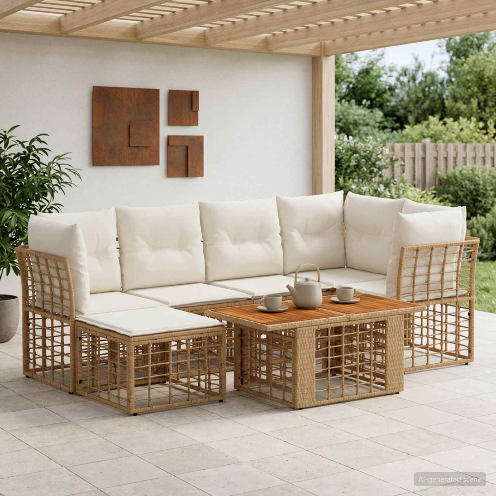 Gartensofa-set 7 stk. Natürlich und Cremweiß Poly-Rattan