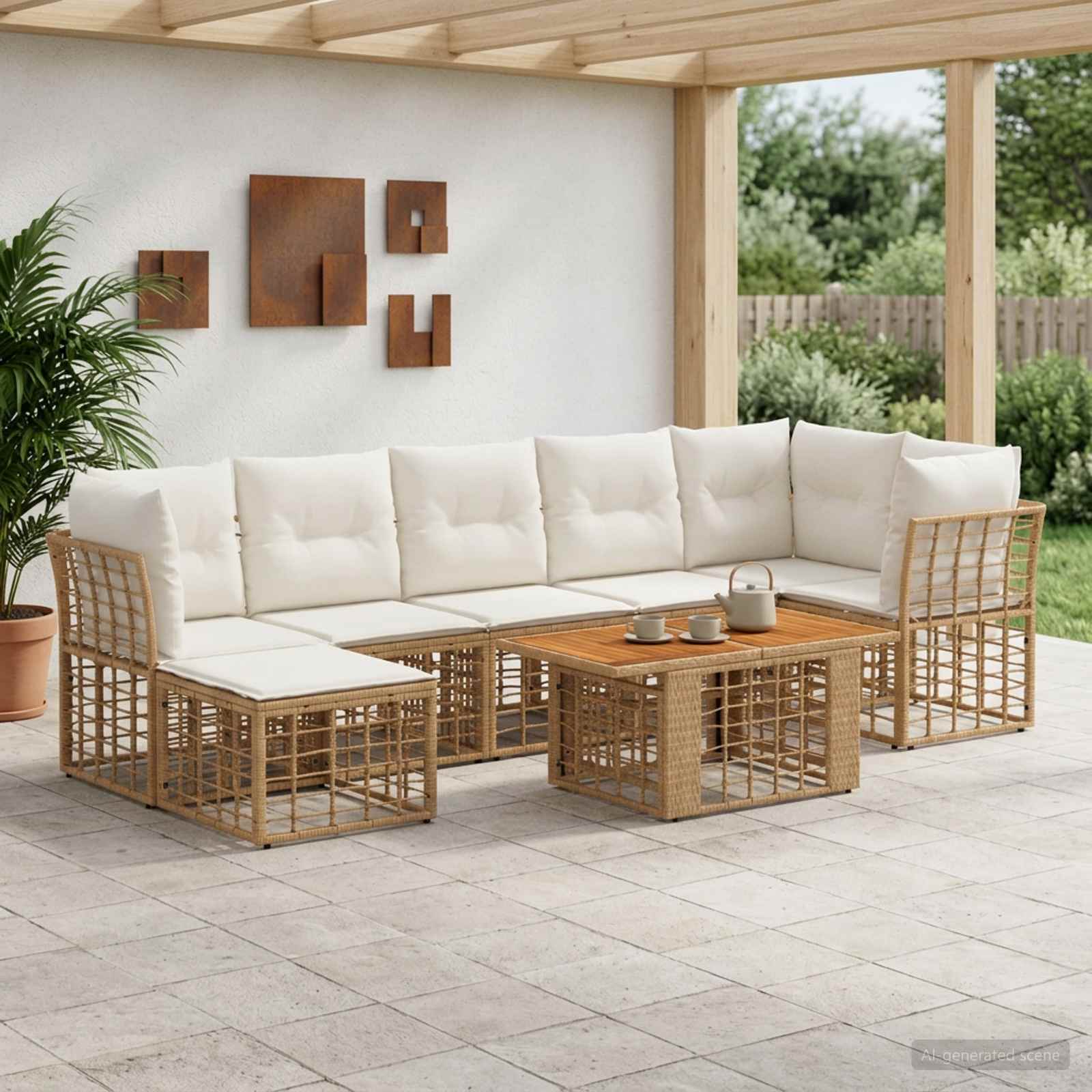 Gartensofa-set 8 stk. Natürlich und Cremweiß Poly-Rattan