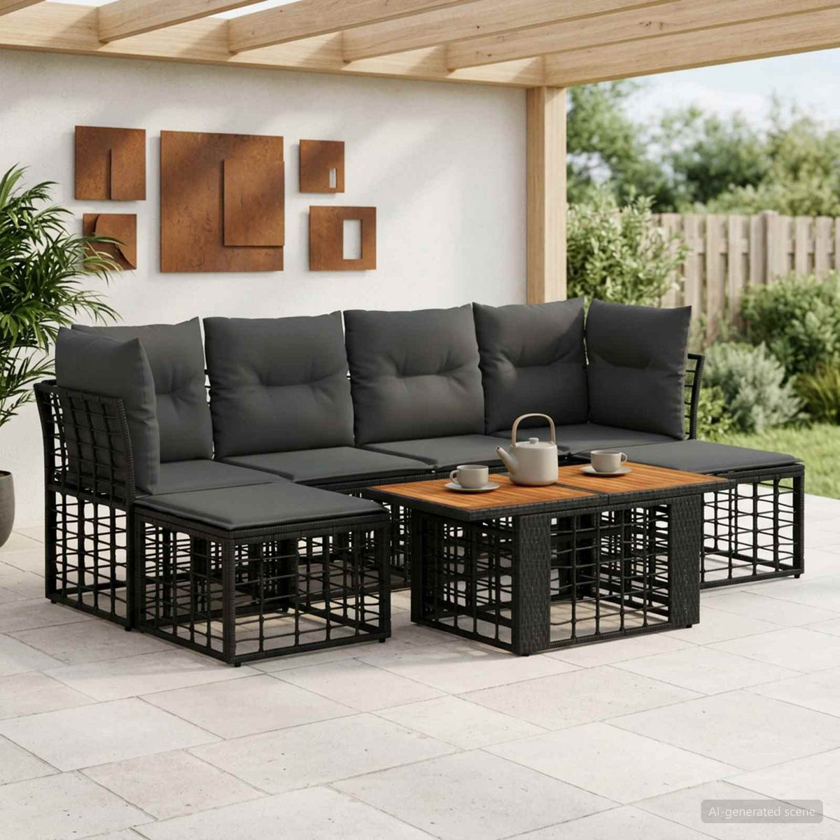 Gartensofa-set 7 stk. Schwarz und Dunkelgrau Poly-Rattan