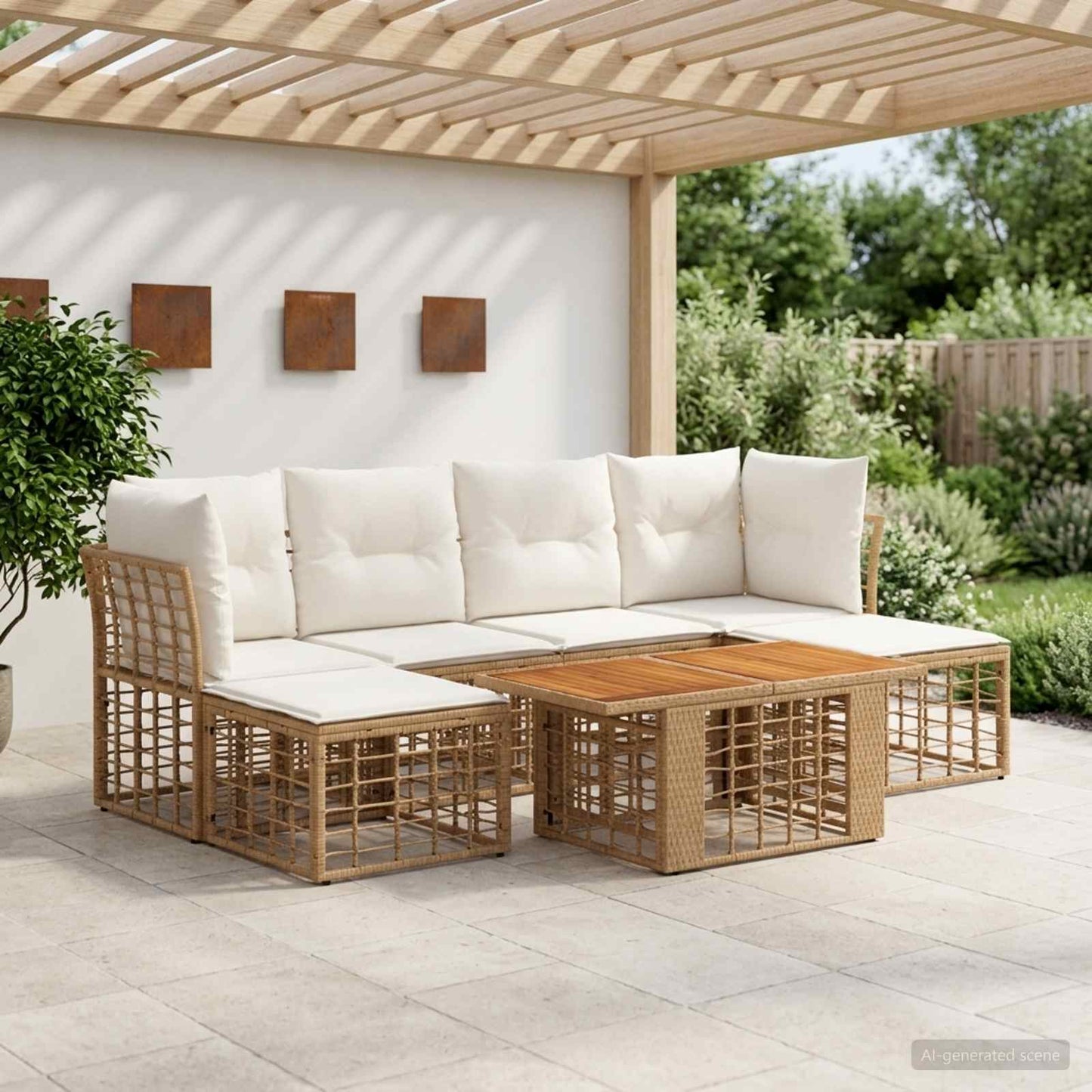Gartensofa-set 7 stk. Natürlich und Cremweiß Poly-Rattan