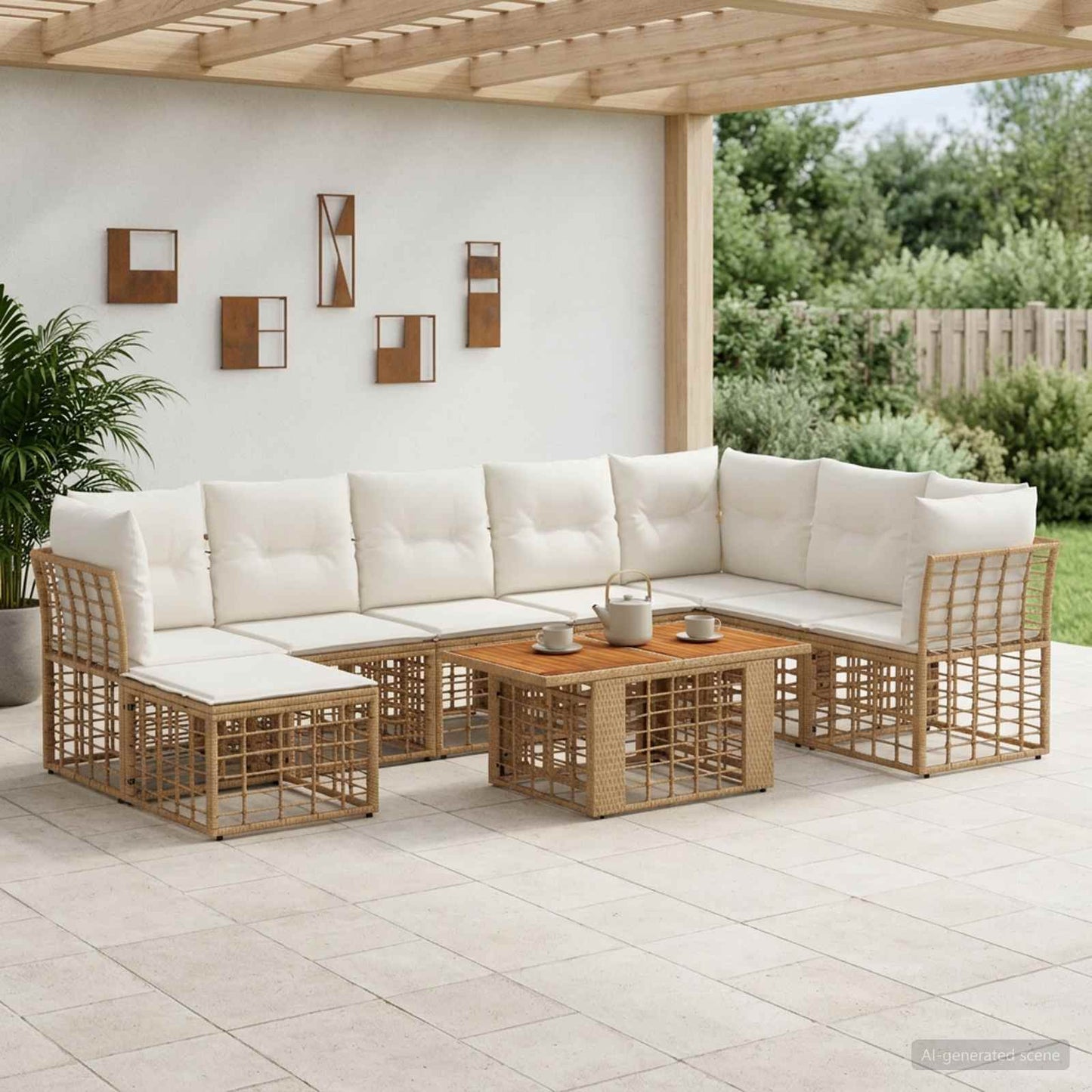 Gartensofa-set 9 stk. Natürlich und Cremweiß Poly-Rattan