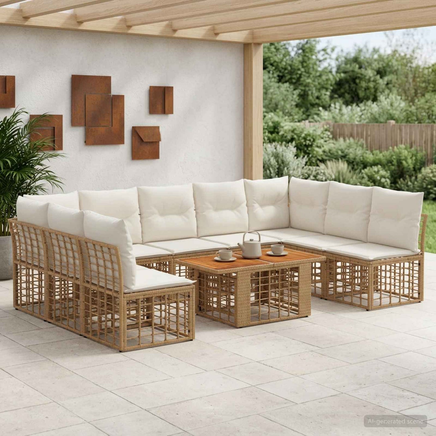Gartensofa-set 10 stk. Natürlich und Cremweiß Poly-Rattan