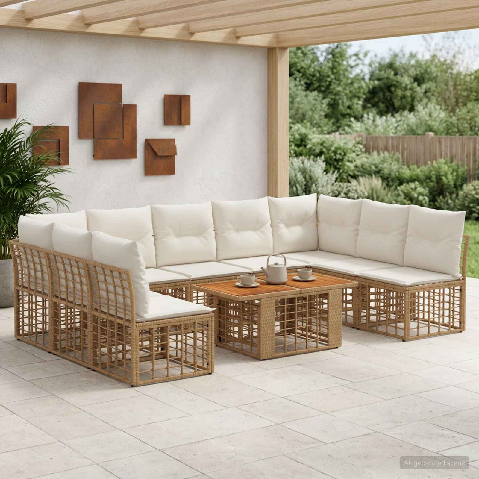 Gartensofa-set 10 stk. Natürlich und Cremweiß Poly-Rattan