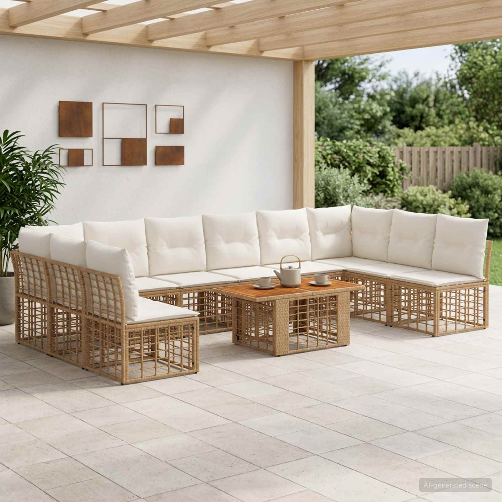 Gartensofa-set 11 stk. Natürlich und Cremweiß Poly-Rattan