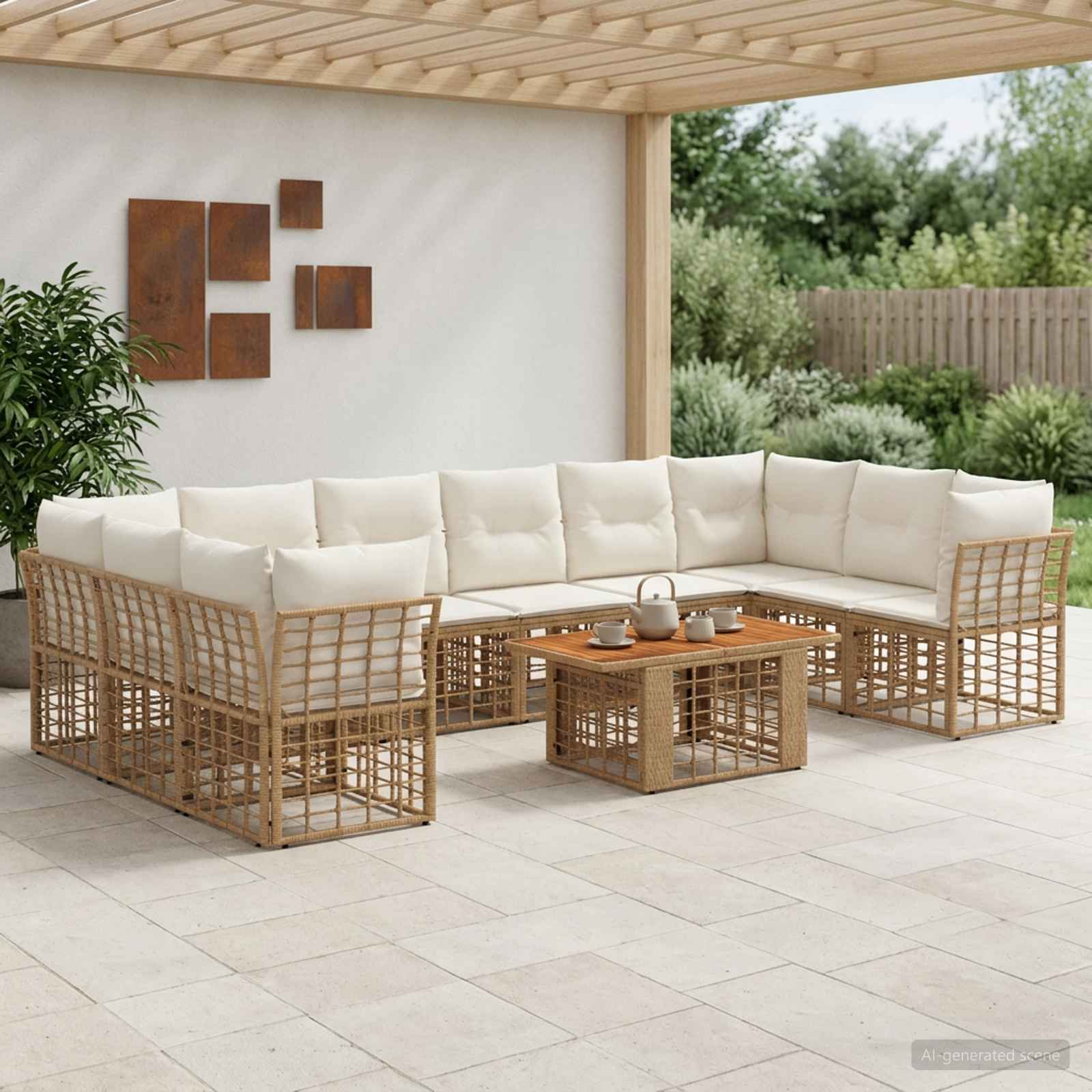 Gartensofa-set 11 stk. Natürlich und Cremweiß Poly-Rattan
