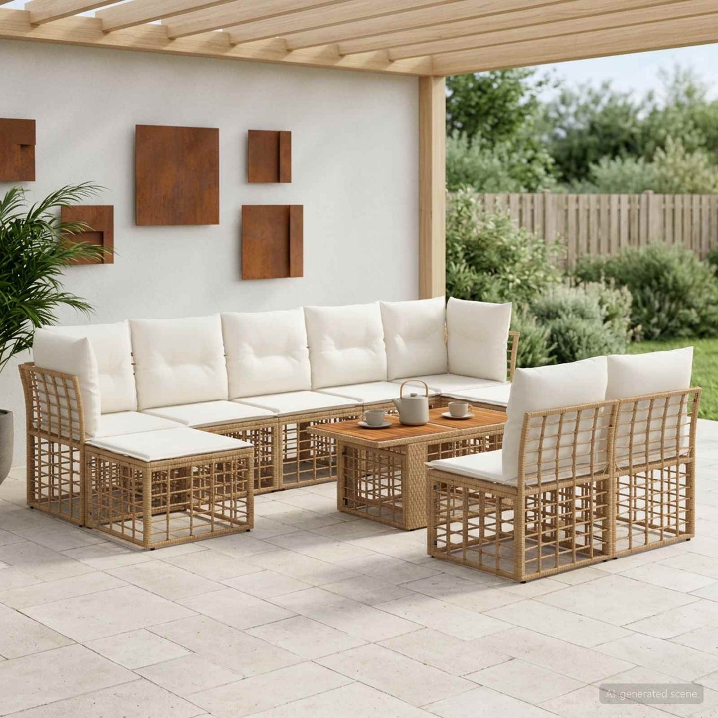 Gartensofa-set 10 stk. Natürlich und Cremweiß Poly-Rattan