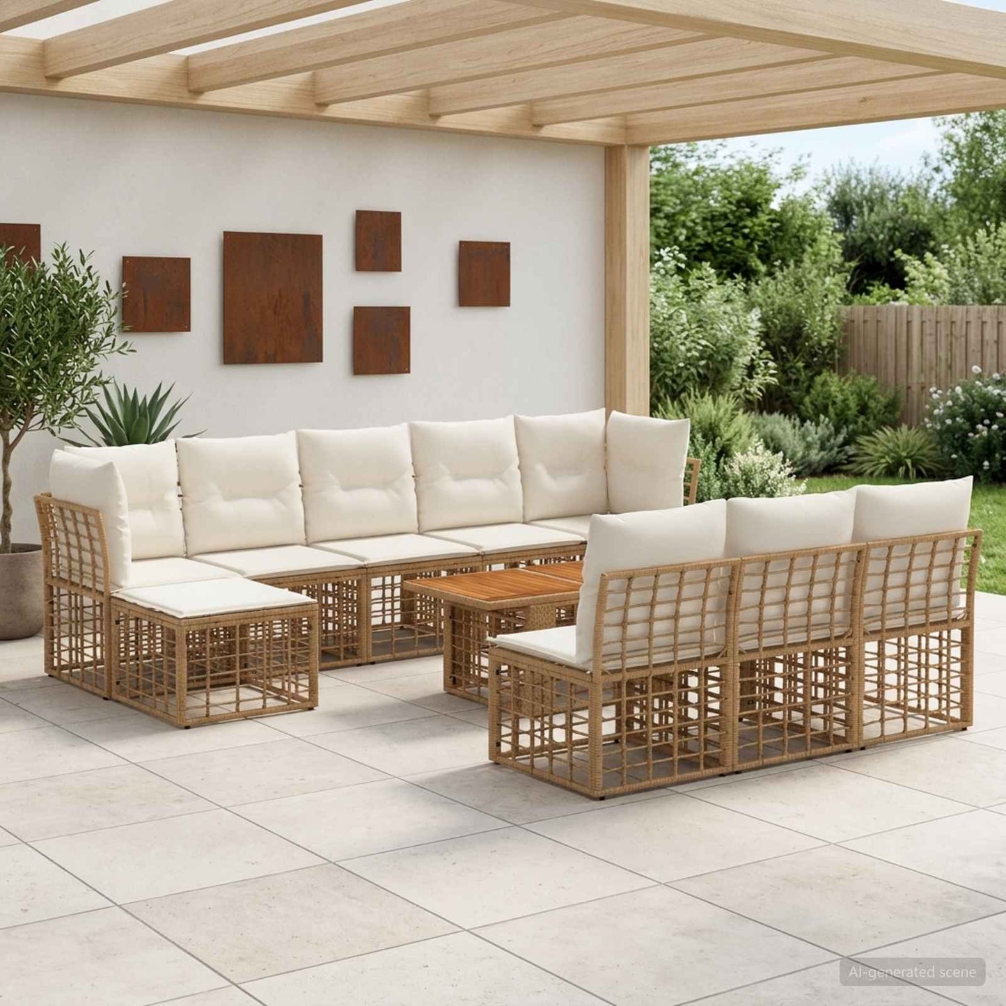 Gartensofa-set 11 stk. Natürlich und Cremweiß Poly-Rattan
