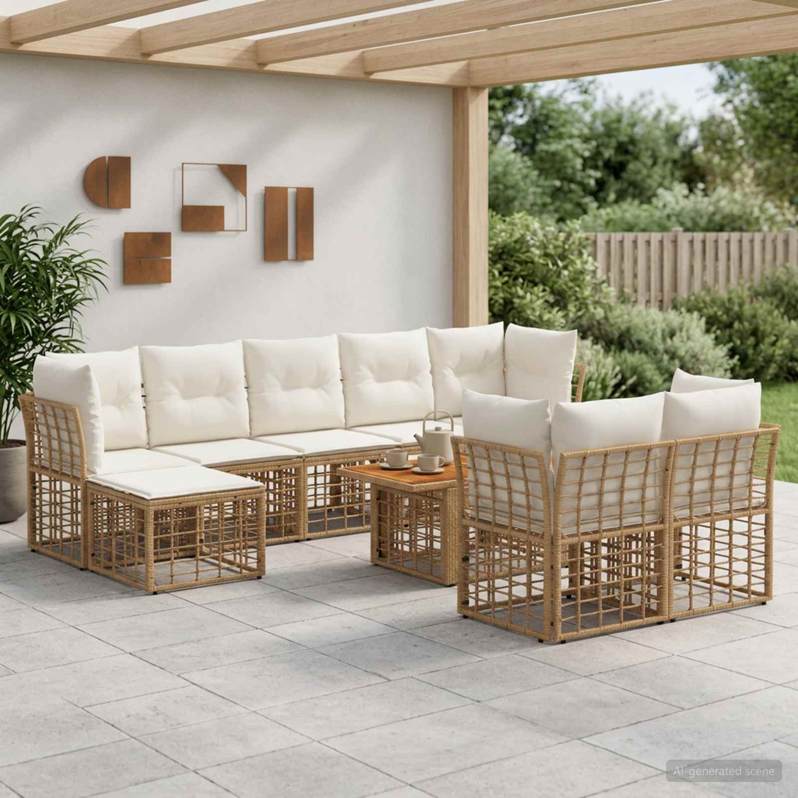 Gartensofa-set 10 stk. Natürlich und Cremweiß Poly-Rattan