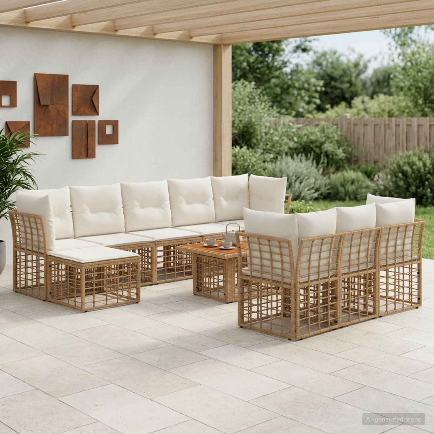 Gartensofa-set 11 stk. Natürlich und Cremweiß Poly-Rattan
