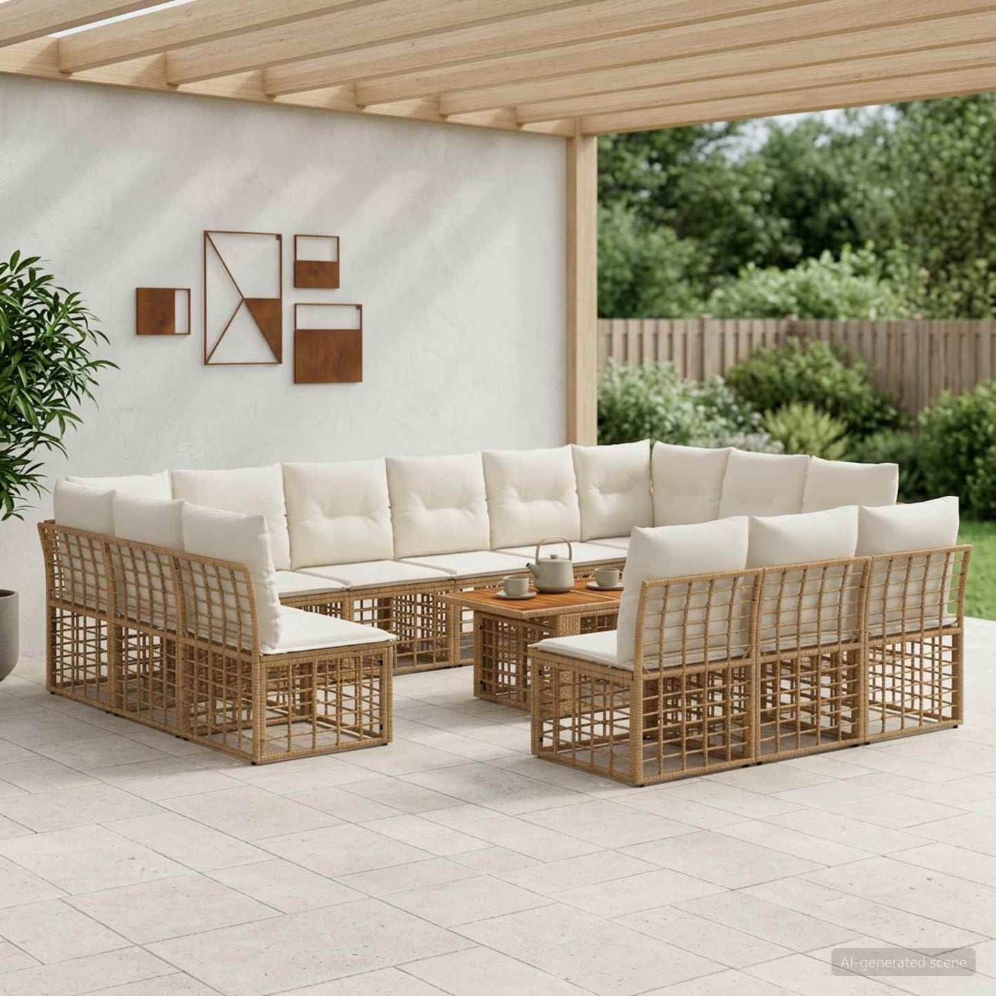 Gartensofa-set 14 stk. Natürlich und Cremweiß Poly-Rattan