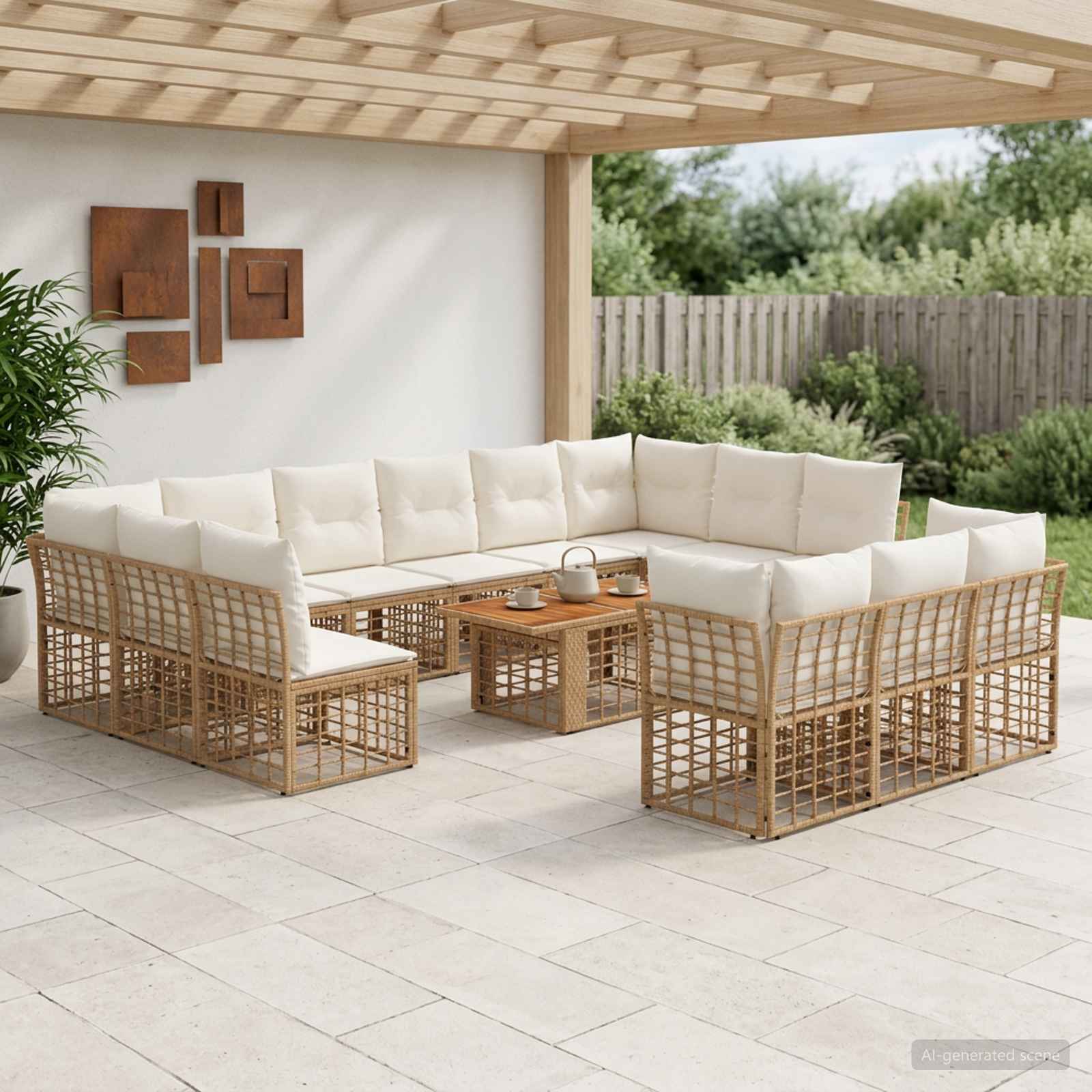 Gartensofa-set 14 stk. Natürlich und Cremweiß Poly-Rattan