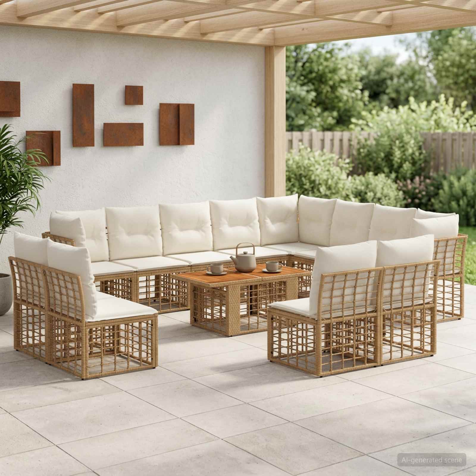 Gartensofa-set 13 stk. Natürlich und Cremweiß Poly-Rattan