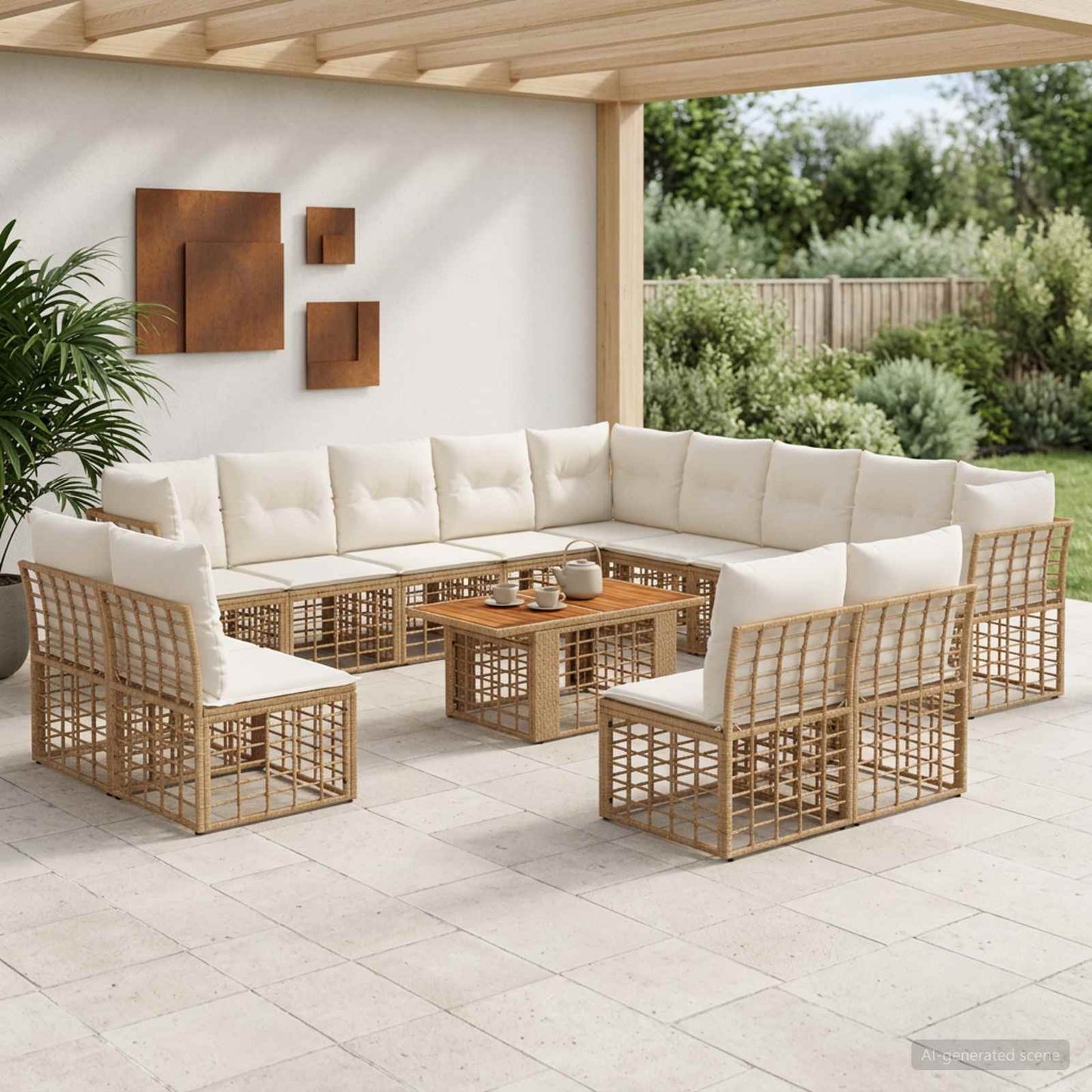 Gartensofa-set 14 stk. Natürlich und Cremweiß Poly-Rattan