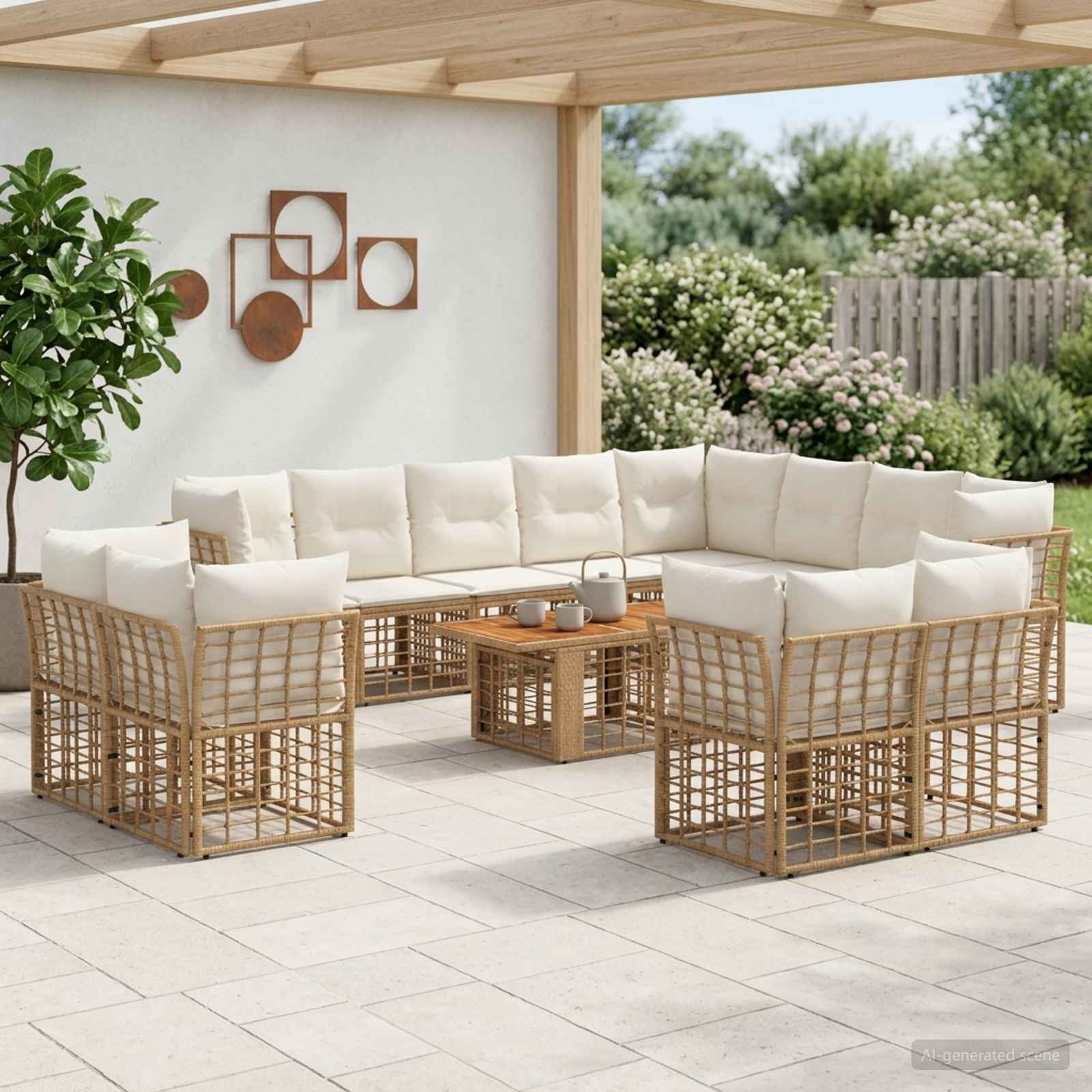 Gartensofa-set 13 stk. Natürlich und Cremweiß Poly-Rattan