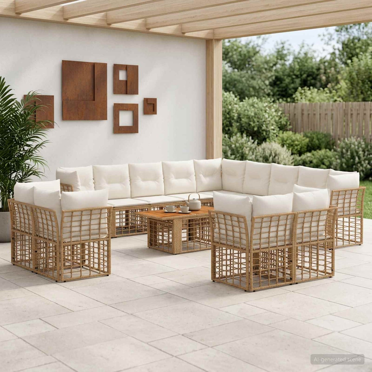 Gartensofa-set 14 stk. Natürlich und Cremweiß Poly-Rattan