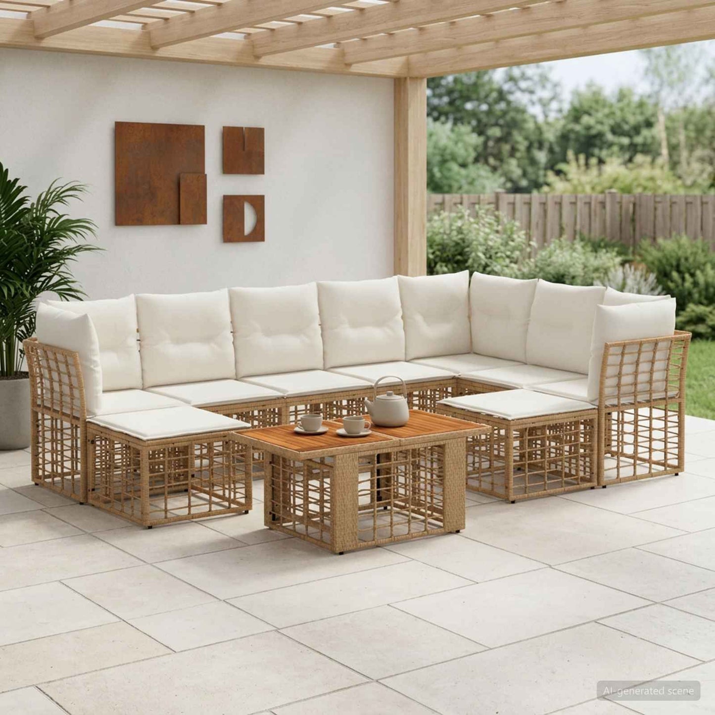 Gartensofa-set 10 stk. Natürlich und Cremweiß Poly-Rattan